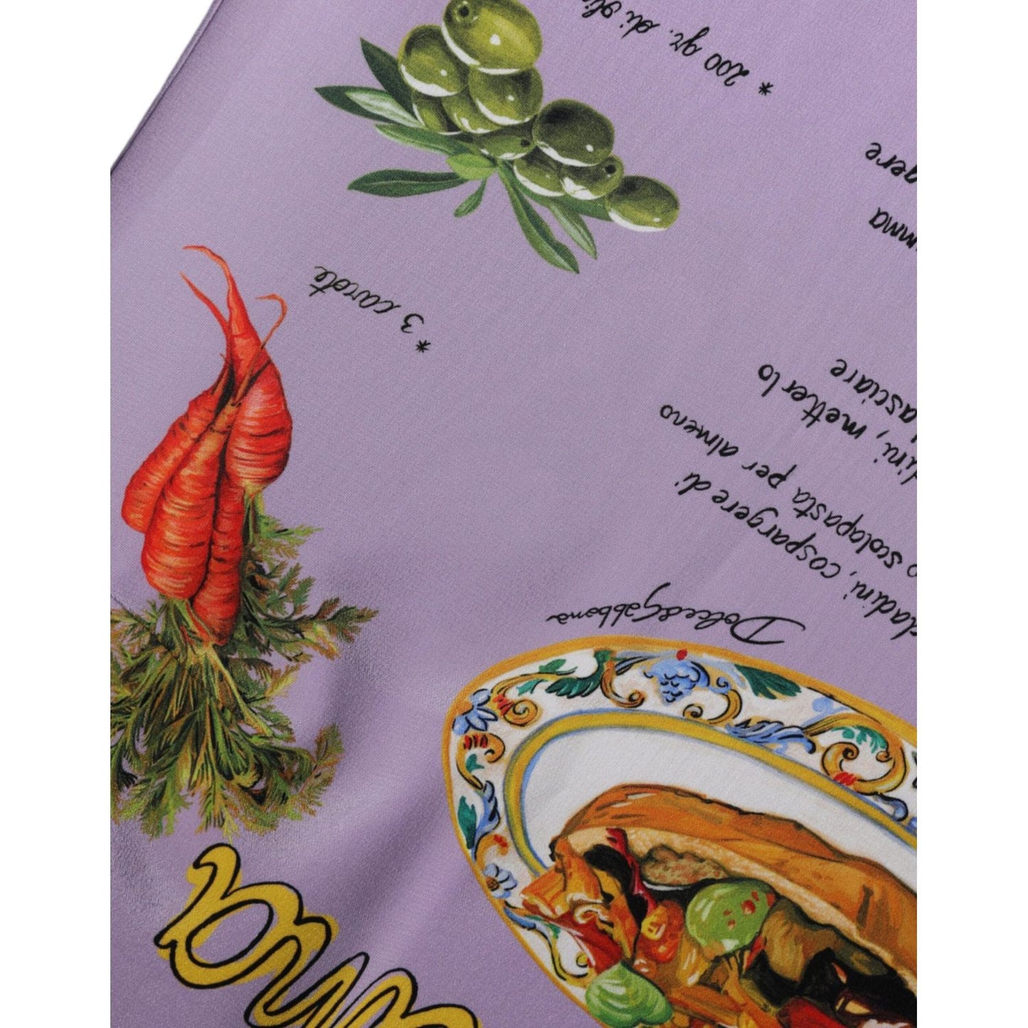 Dolce & Gabbana Purple Silk Caponata Print Close-Up with Vegetables and Text, Italy-Made Luxury Fabric.