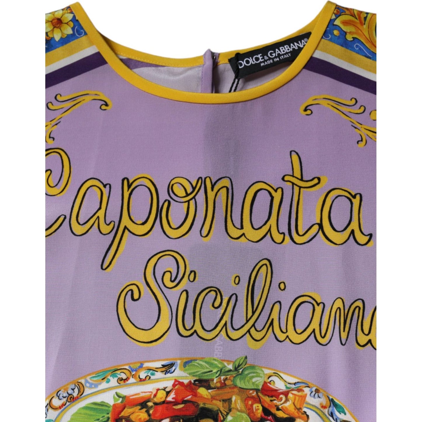 Dolce & Gabbana purple silk tank top with Caponata Siciliana print, round neck, high craftsmanship, made in Italy.
