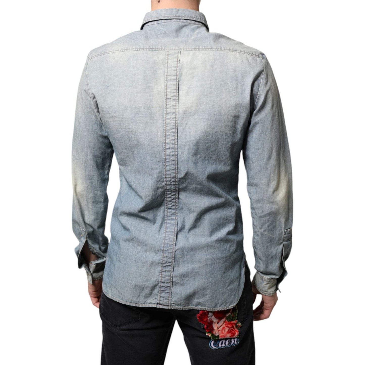 John Galliano Light Blue Printed Cotton Denim Long Sleeves Shirt John Galliano Dark Gray