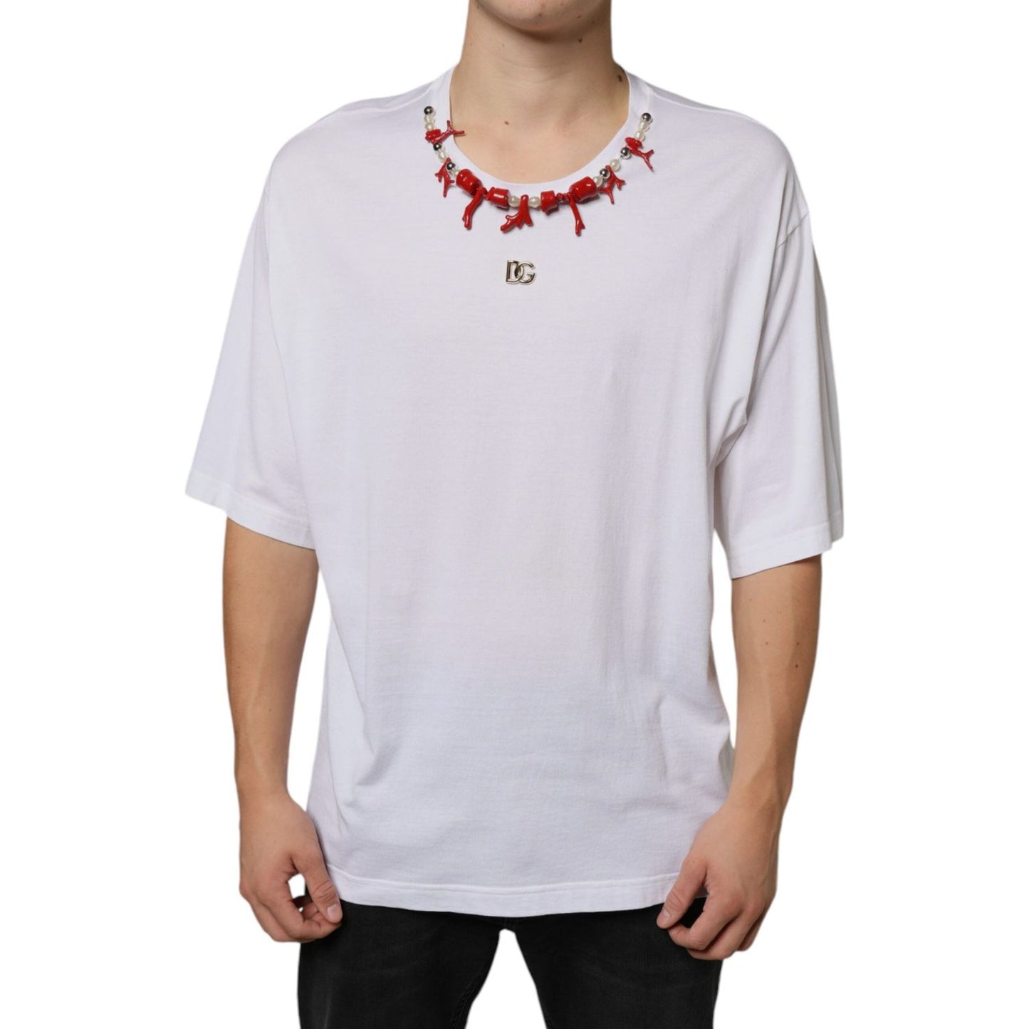 Dolce & Gabbana White Cotton Necklace Embellished T-shirt Dolce & Gabbana Light Gray