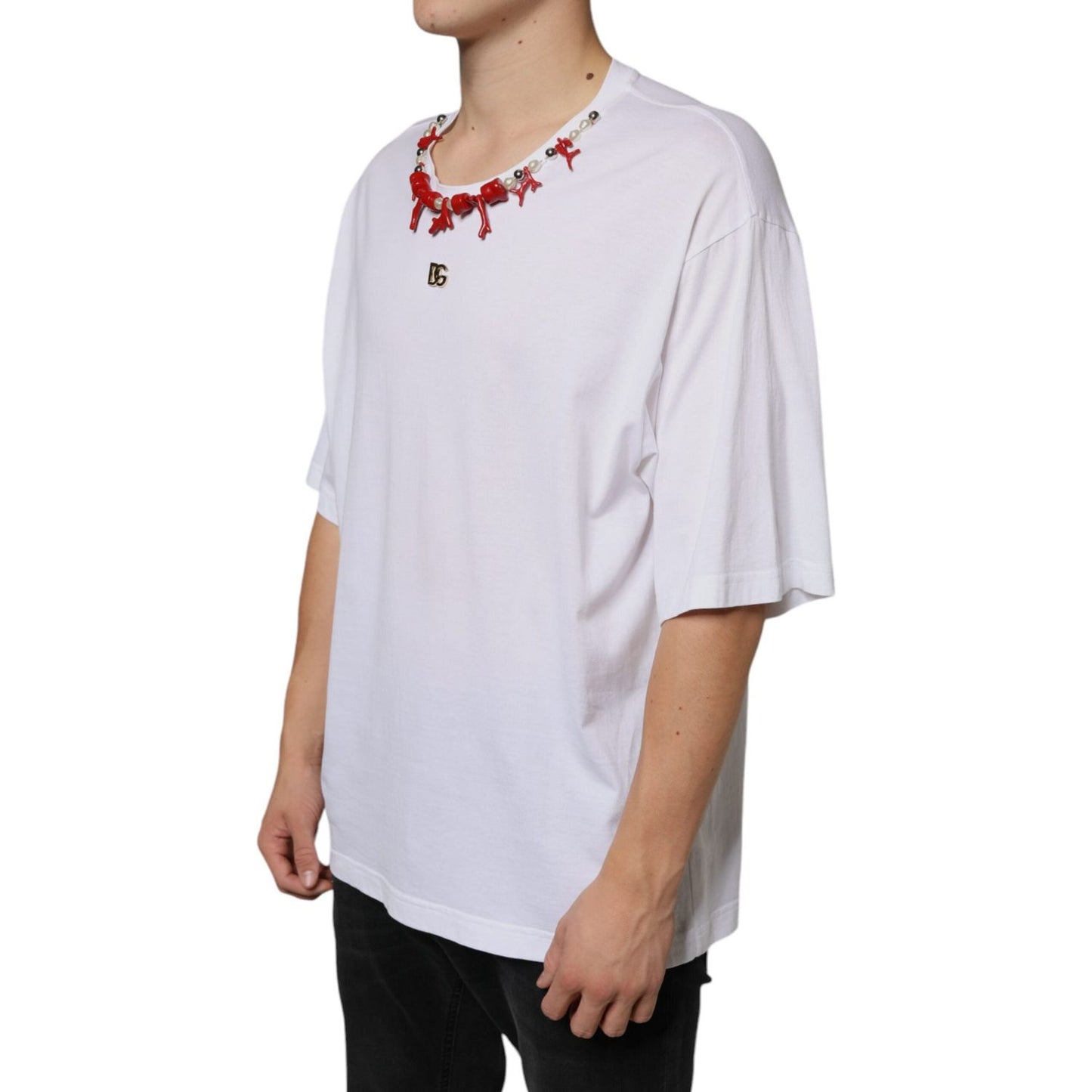 Dolce & Gabbana White Cotton Necklace Embellished T-shirt Dolce & Gabbana Light Gray