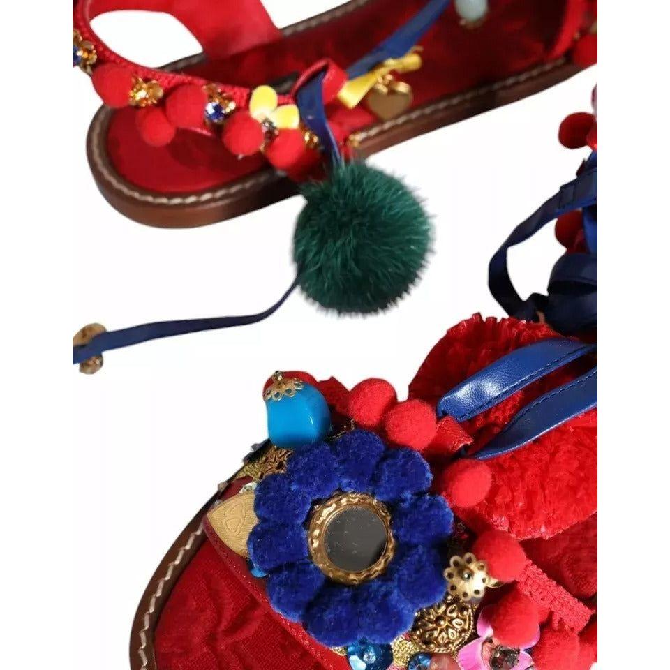 Dolce & Gabbana Multicolor Pom Pom Fur Wrap Sandals Shoes Dolce & Gabbana Salmon