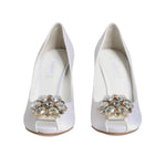 Dolce & Gabbana White Crystals Peep Toe Satin Pumps Shoes