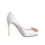 Dolce & Gabbana White Crystals Peep Toe Satin Pumps Shoes