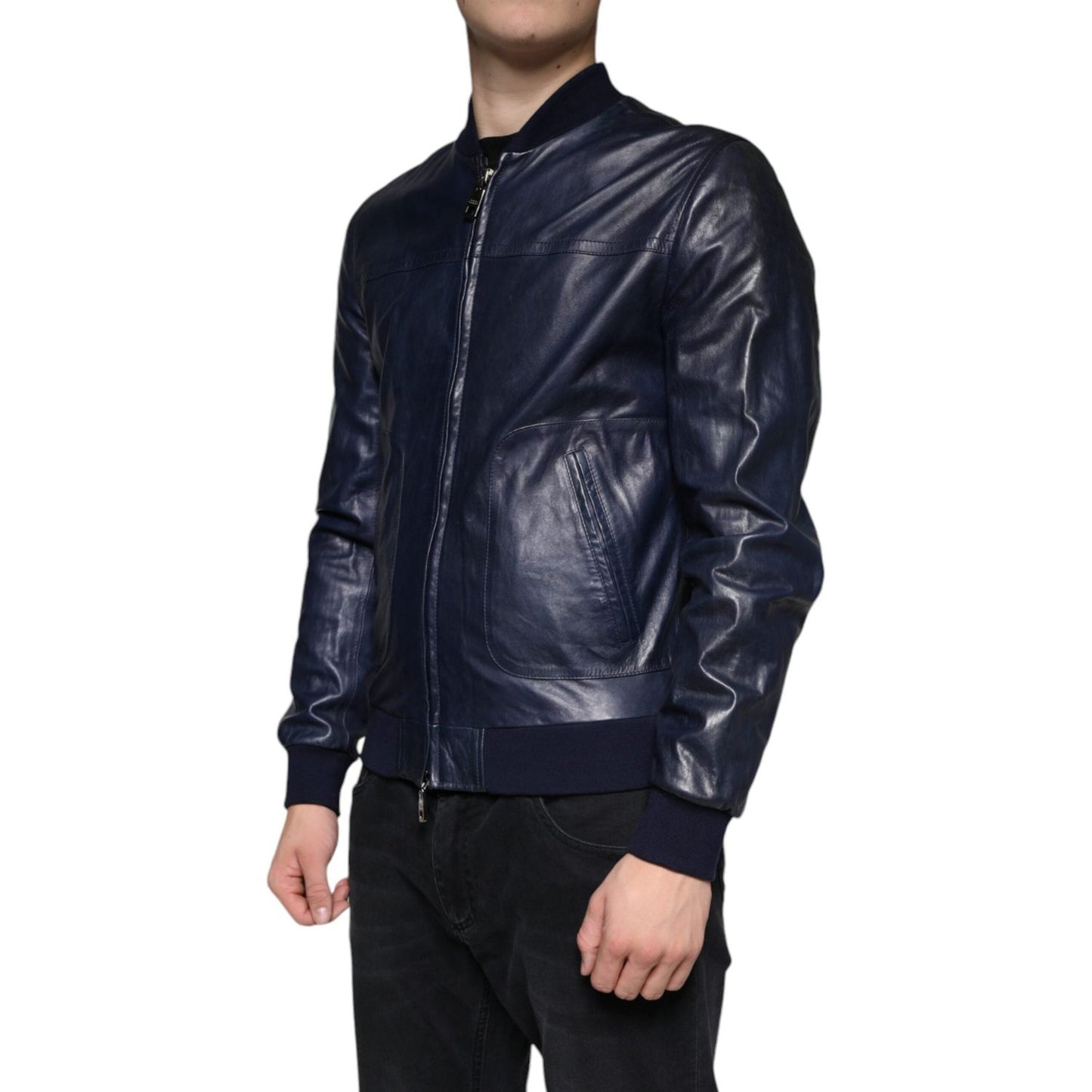 Dolce & Gabbana Blue Lambskin Leather Full Zip Biker Jacket Dolce & Gabbana Dark Slate Gray