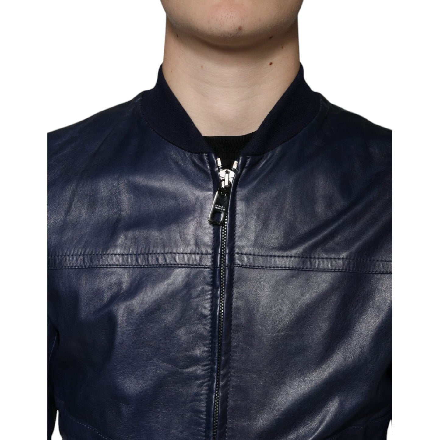 Dolce & Gabbana Blue Lambskin Leather Full Zip Biker Jacket Dolce & Gabbana Dark Slate Gray