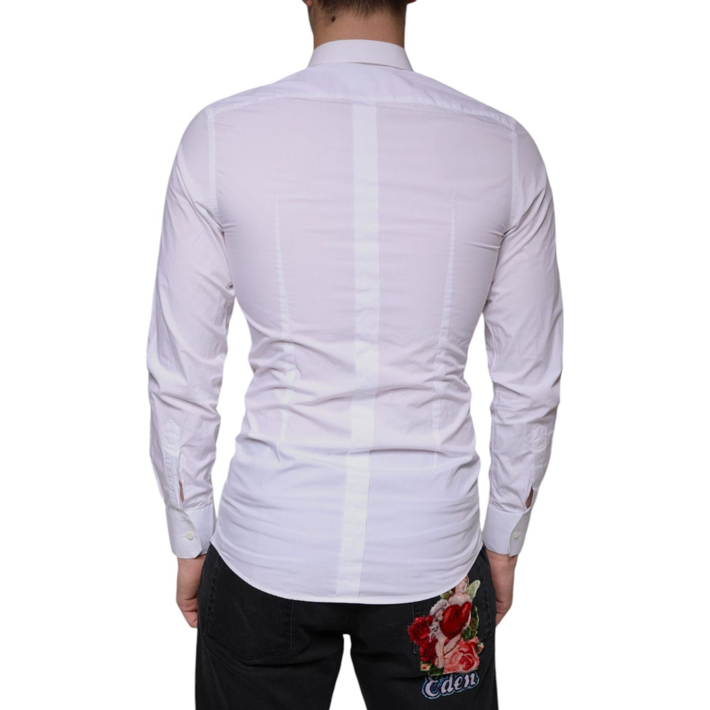 Dolce & Gabbana White Cotton Dress GOLD Formal Collared Shirt Dolce & Gabbana Thistle