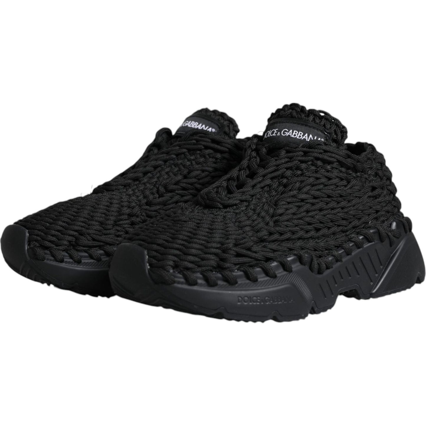 Dolce & Gabbana black knitted Daymaster sneakers, fabric material, rubber sole, lace-up closure with logo detail. Made in Italy.