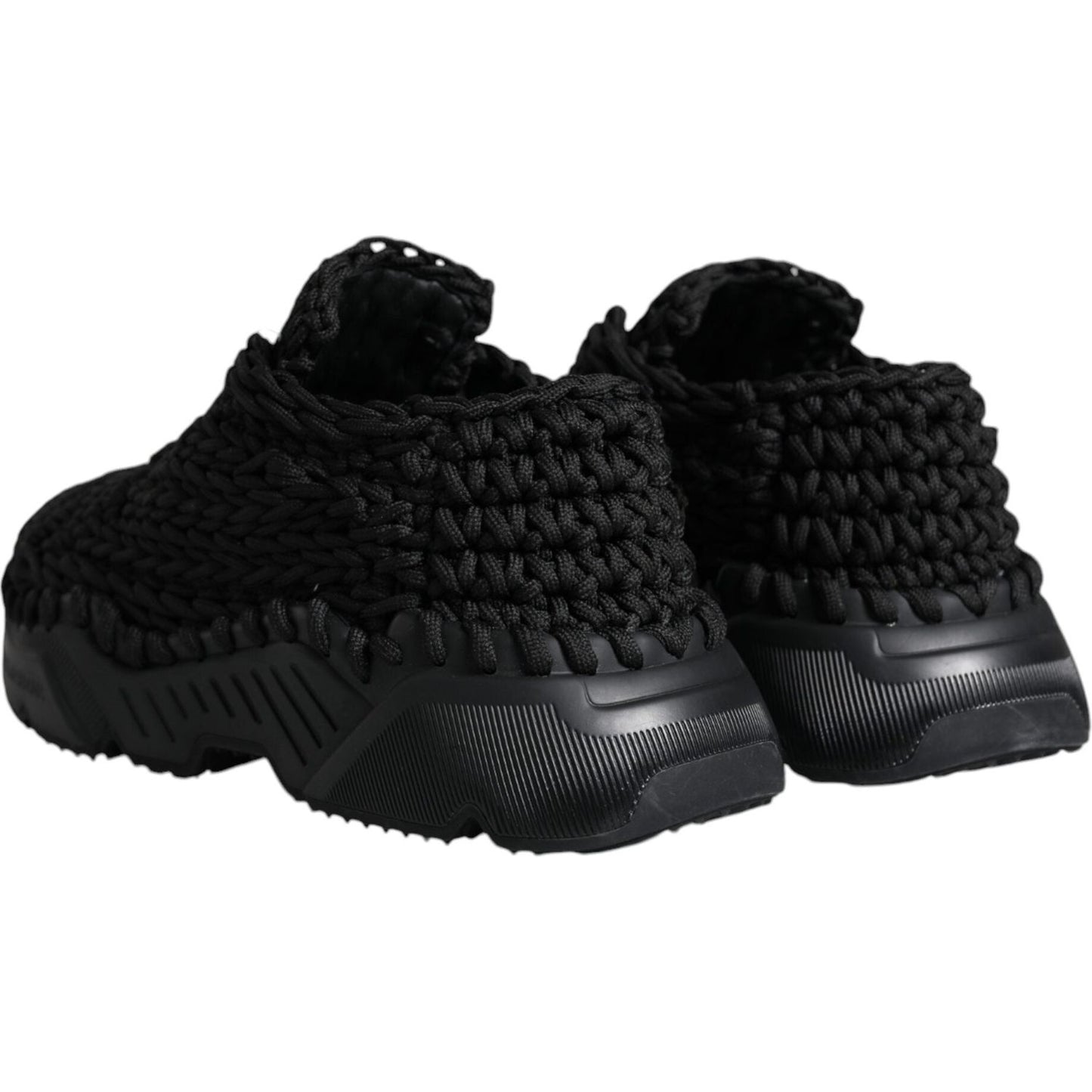 Dolce & Gabbana Daymaster black knitted sneakers, back view, showing rubber sole and craftsmanship details.