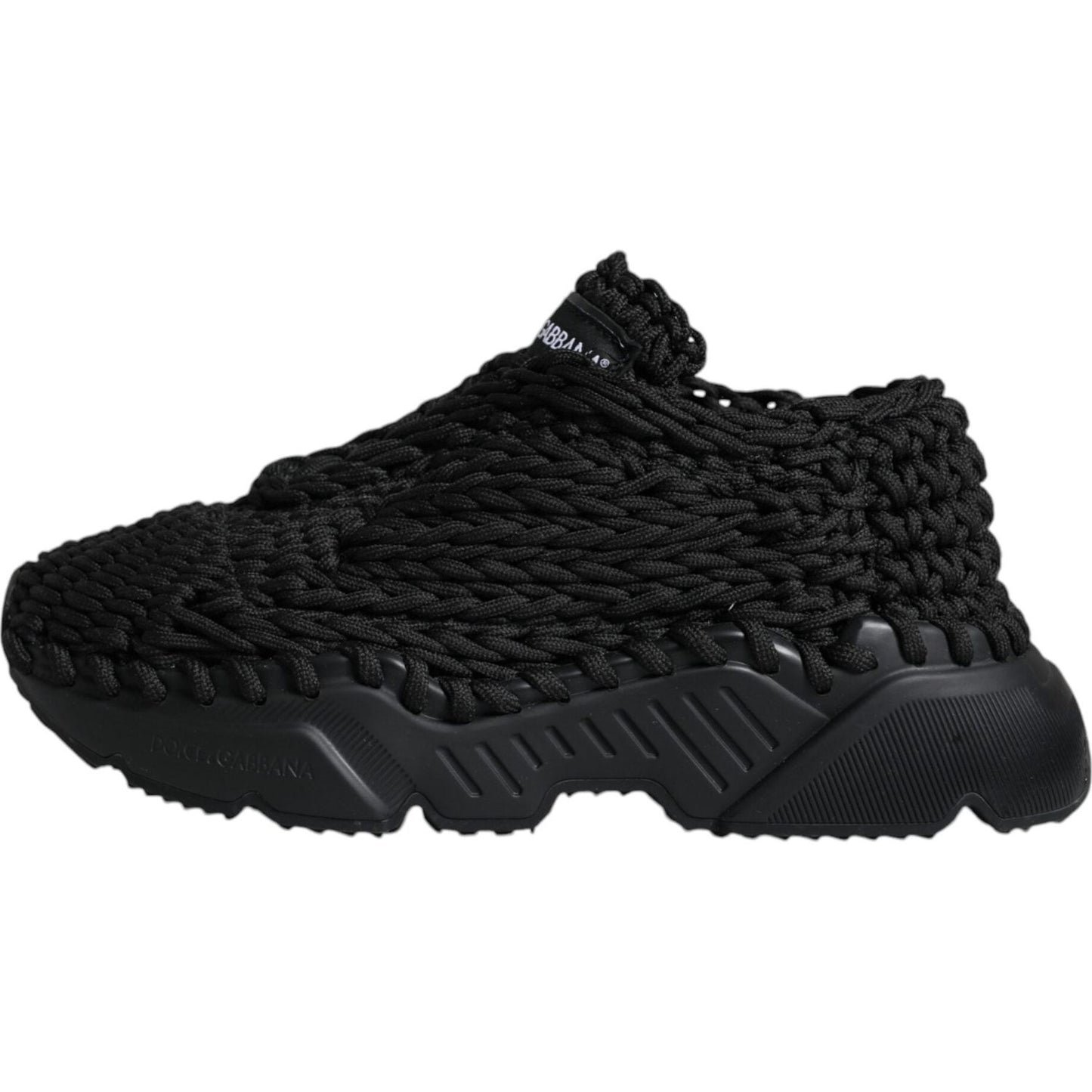 Dolce & Gabbana black Daymaster sneakers, knitted fabric, rubber sole, lace-up, logo details, exclusive Italian craftsmanship, side view.