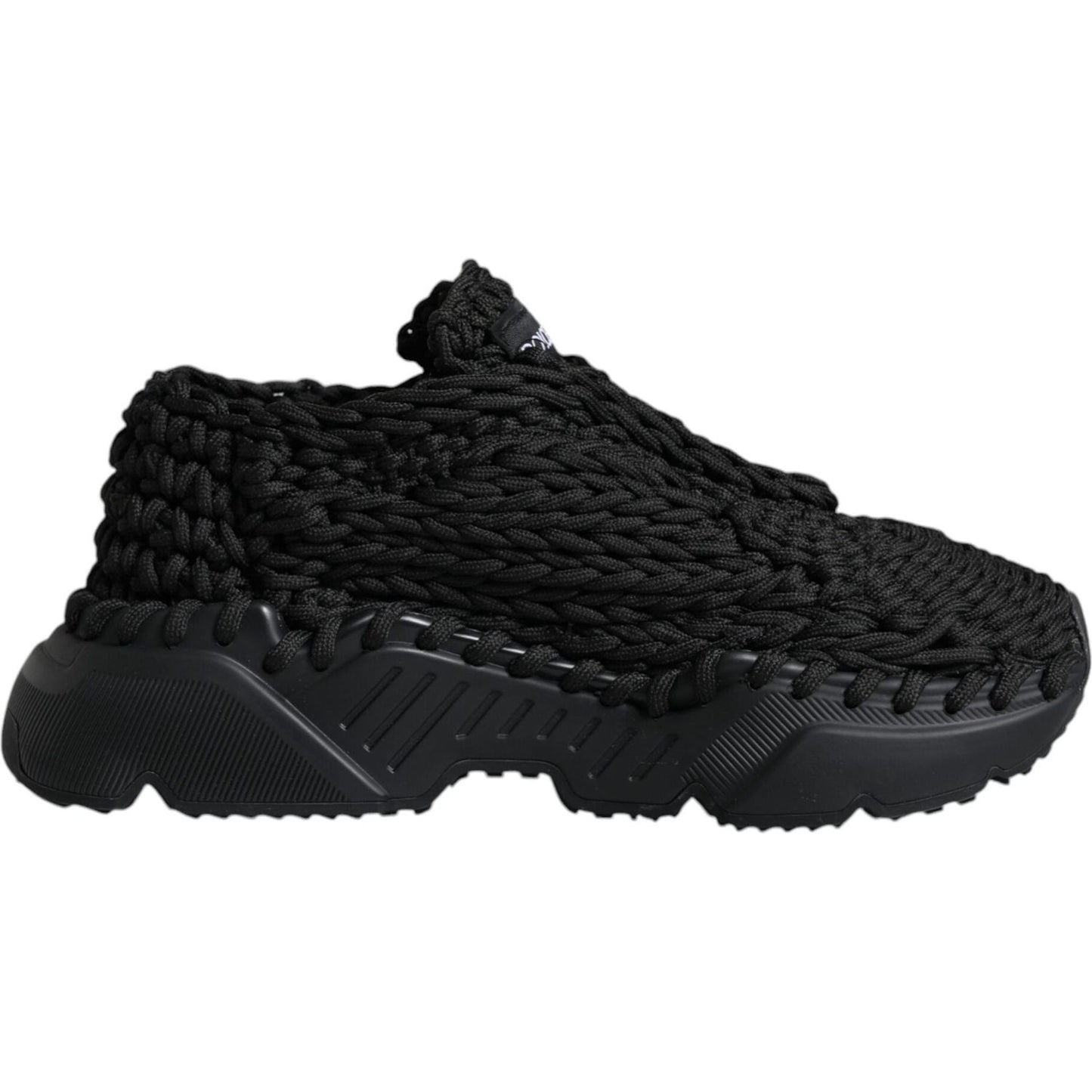 Dolce & Gabbana black knitted Daymaster sneakers with rubber sole and lace-up closure, luxury Italian craftsmanship.