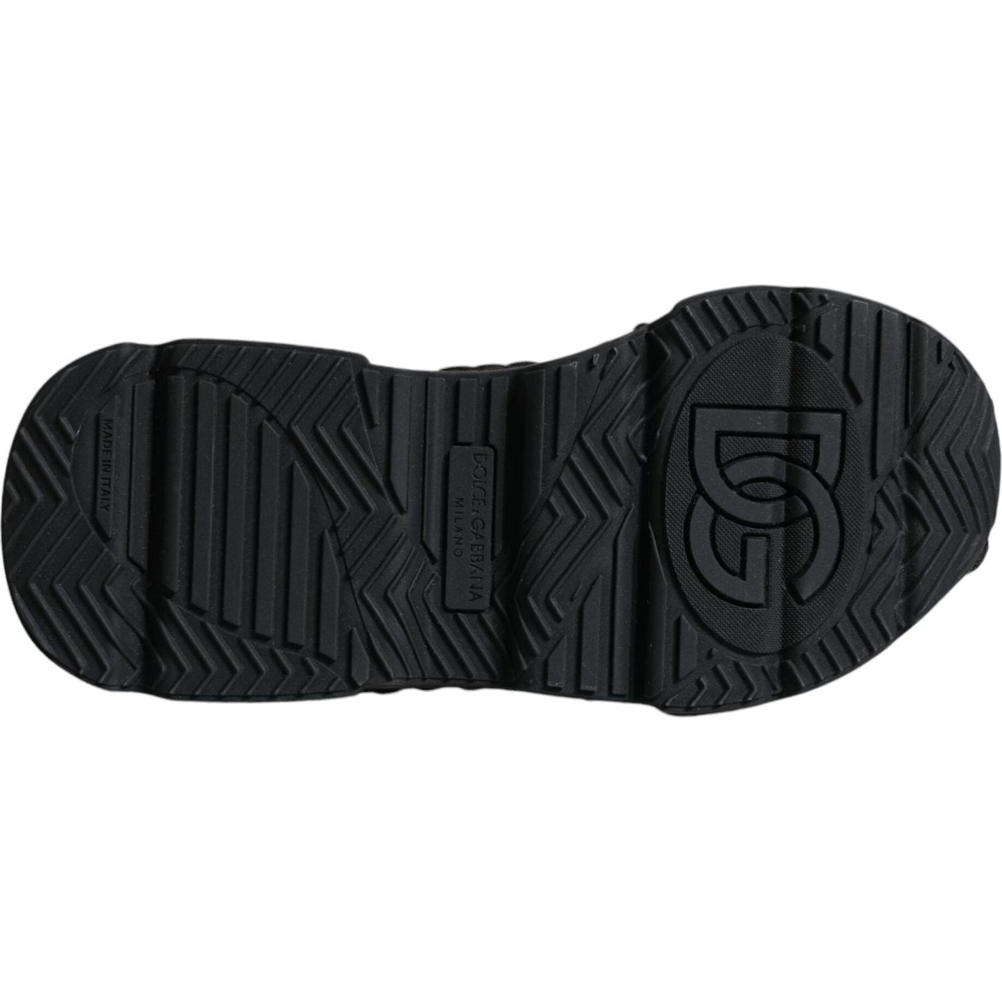 Sole view of Dolce & Gabbana Black Knitted Daymaster Sneakers with logo detail and textured rubber grip, made in Italy.