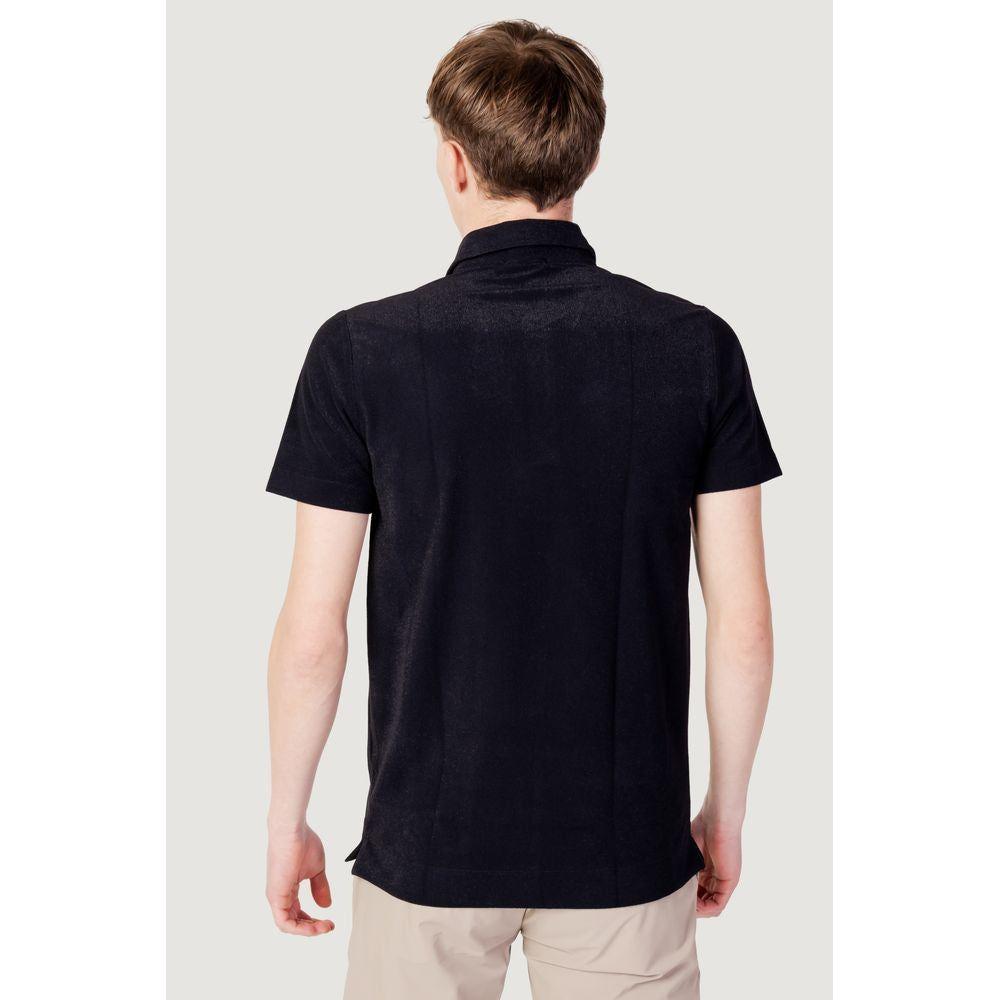 Back view of men's black polyester short sleeve polo shirt from Spring/Summer collection.