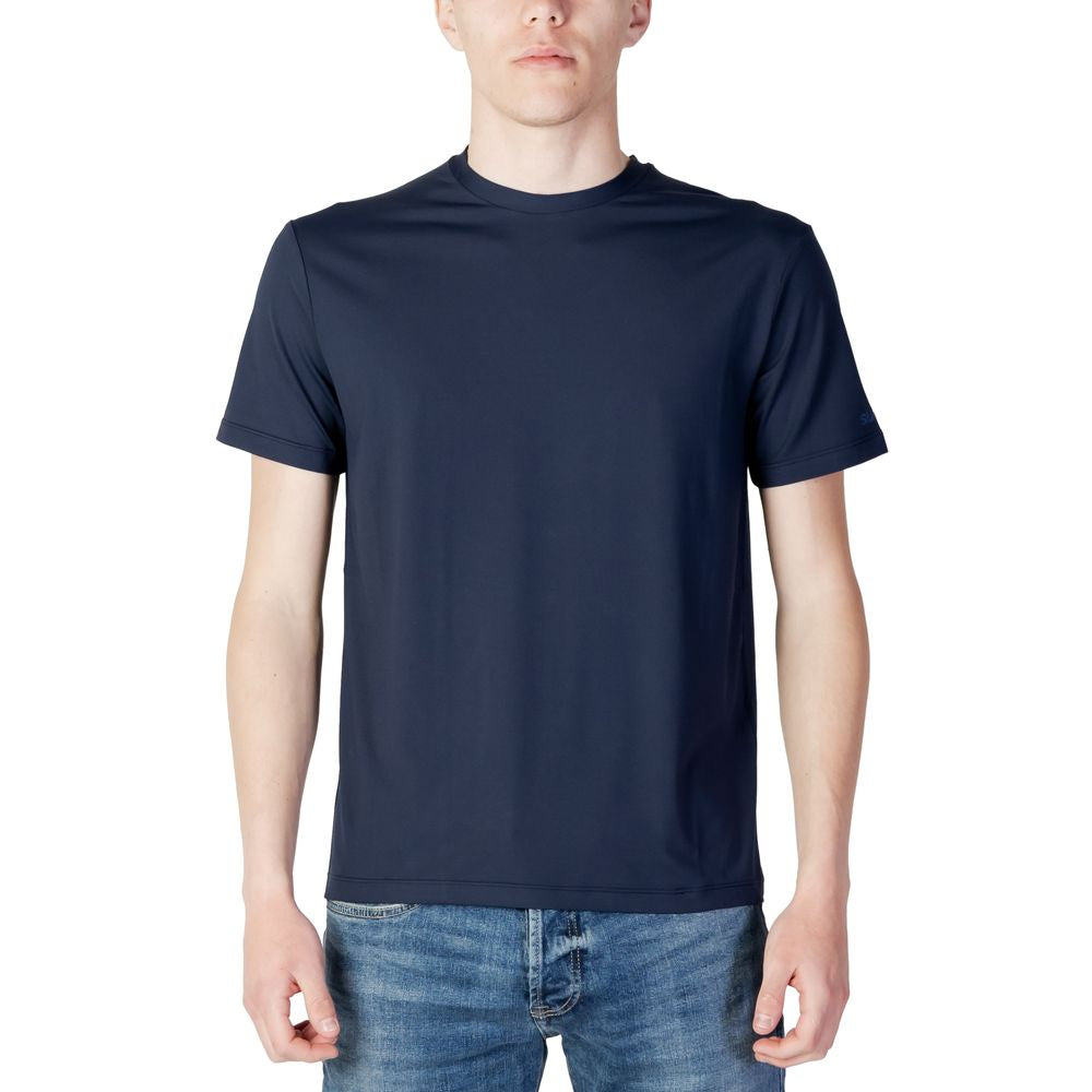 Men's Spring/Summer blue polyester T-shirt, lightweight with elastane, shown on model, perfect for casual wear, stylish and comfortable.