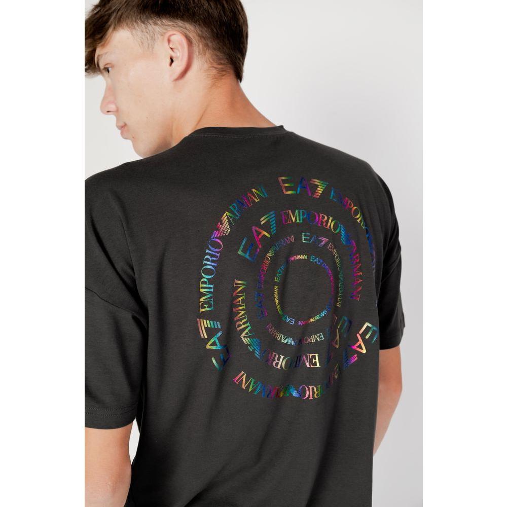 Back view of a man wearing EA7 Emporio Armani gray t-shirt with colorful logo design, highlighting casual style and comfort.