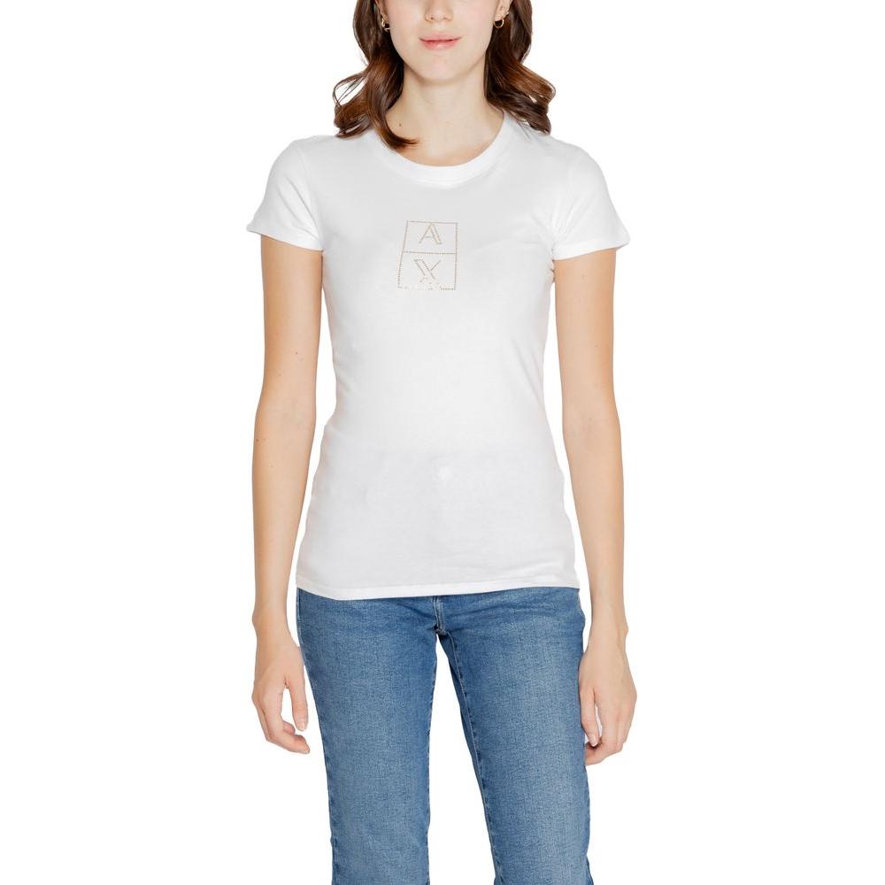 Armani Exchange women's white cotton logo t-shirt, part of the Fall/Winter collection, 95% cotton, 5% elastane, styled with jeans.