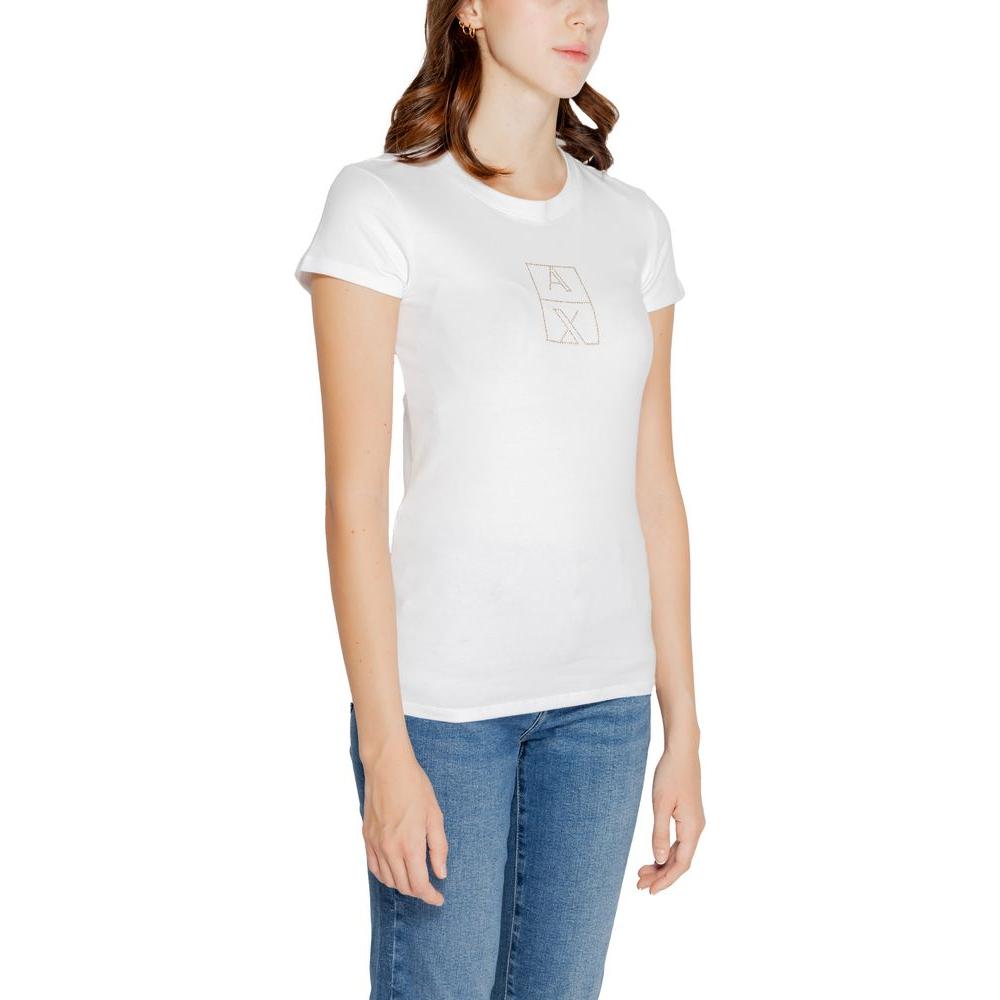 Woman wearing Armani Exchange white cotton T-shirt, fall/winter collection, featuring 95% cotton and 5% elastane for women.