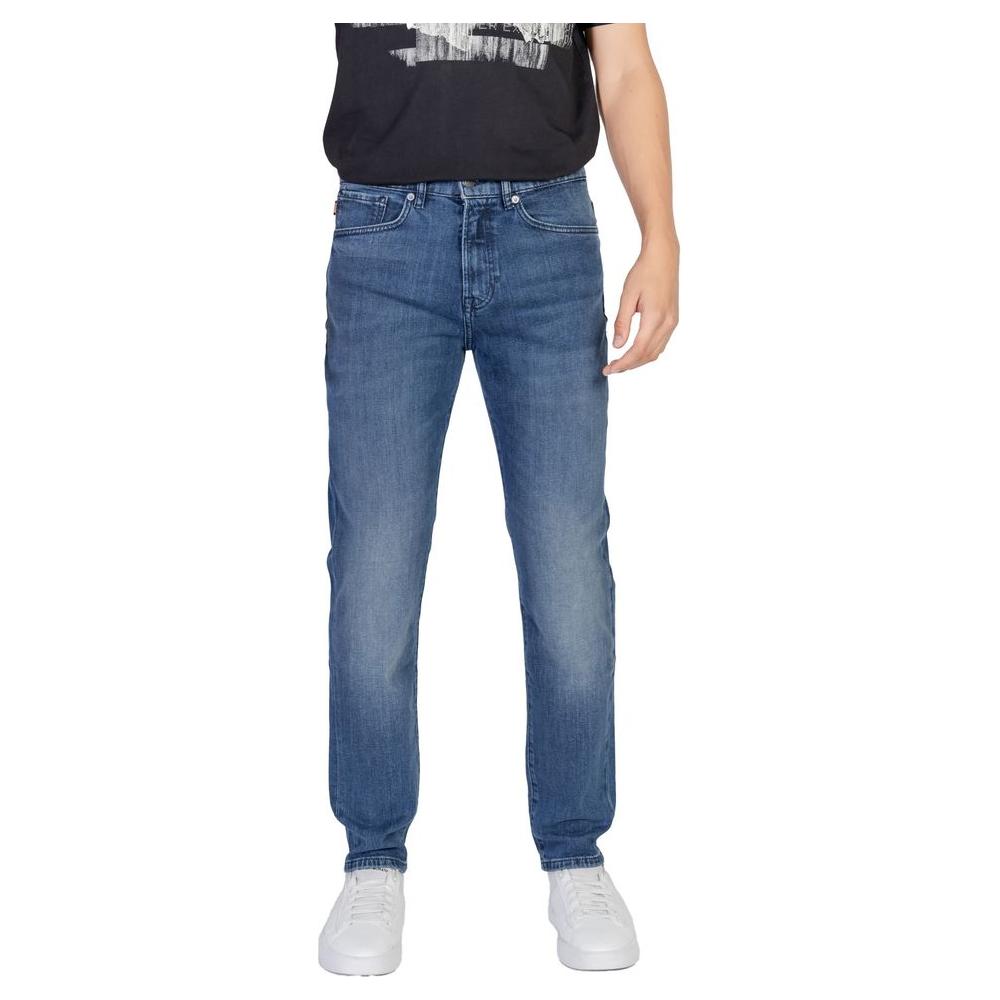 Hugo Boss men's blue cotton jeans, fall/winter collection, front view showcasing comfortable fit and style.
