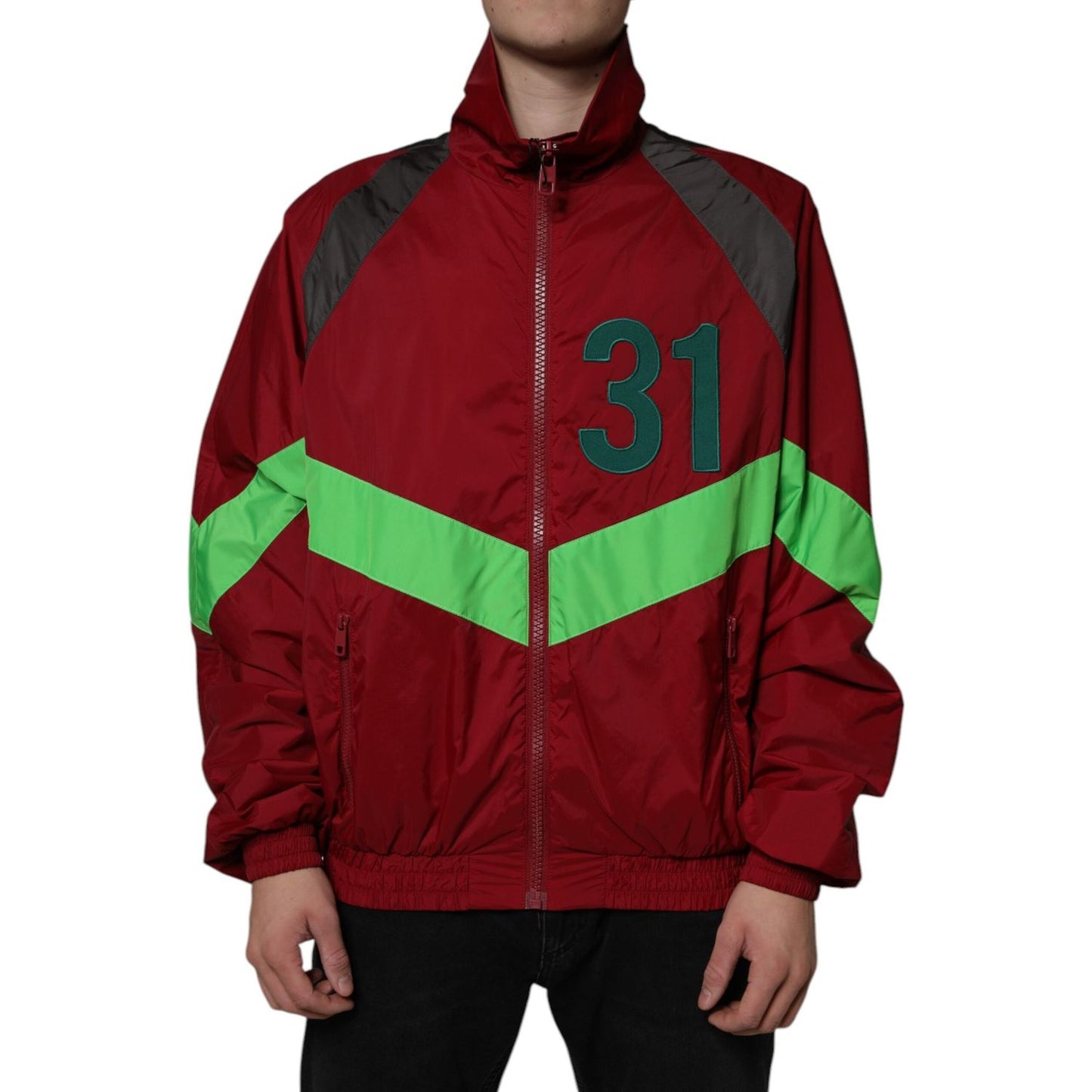 Dolce & Gabbana multicolor nylon windbreaker, red with green accents, full zip, brand logo, long sleeves, turtleneck style.