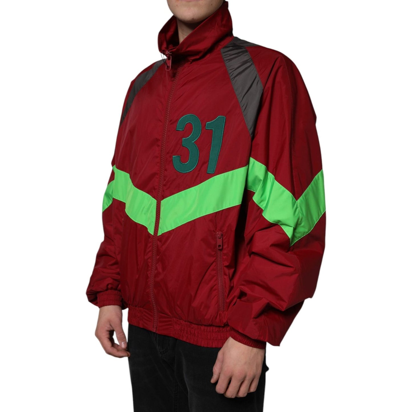 Multicolor windbreaker jacket with number 31, featuring turtleneck and full zip closure, Dolce & Gabbana style, vibrant sporty design.
