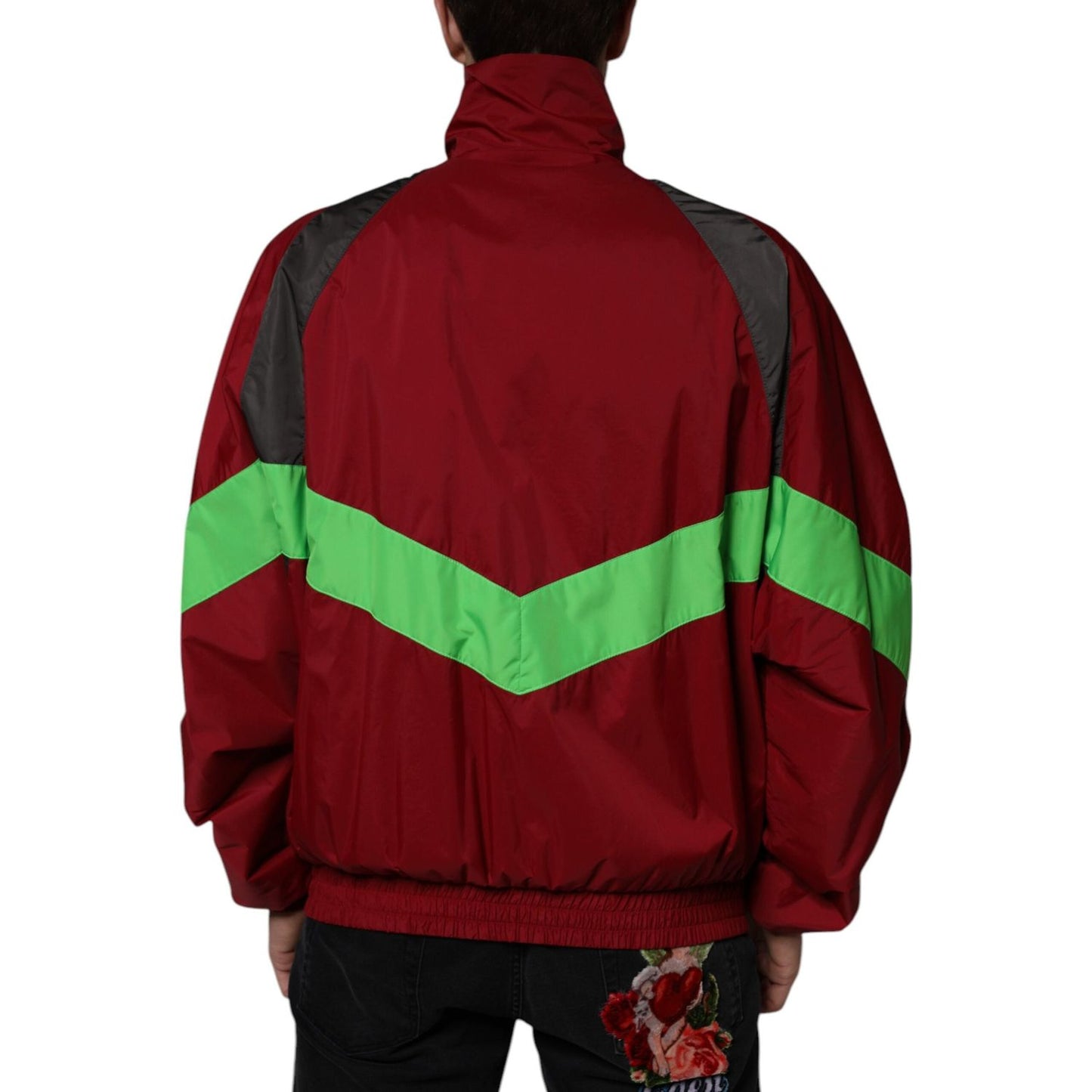 Dolce & Gabbana multicolor nylon full zip windbreaker jacket with green and red pattern, back view.