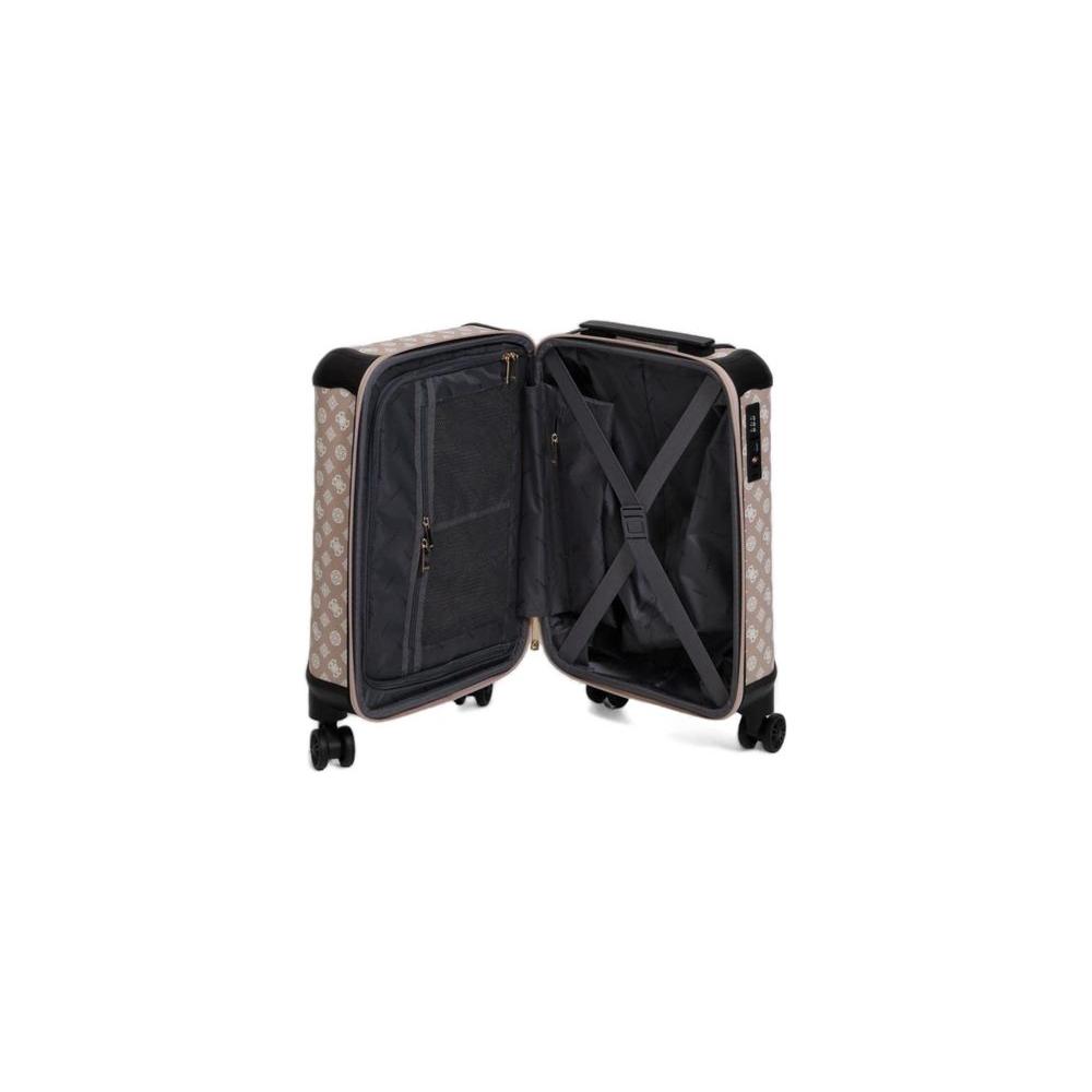Open view of Guess pink polyethylene suitcase with spacious interior, featuring a strap for secure packing, perfect for women's spring/summer travel.
