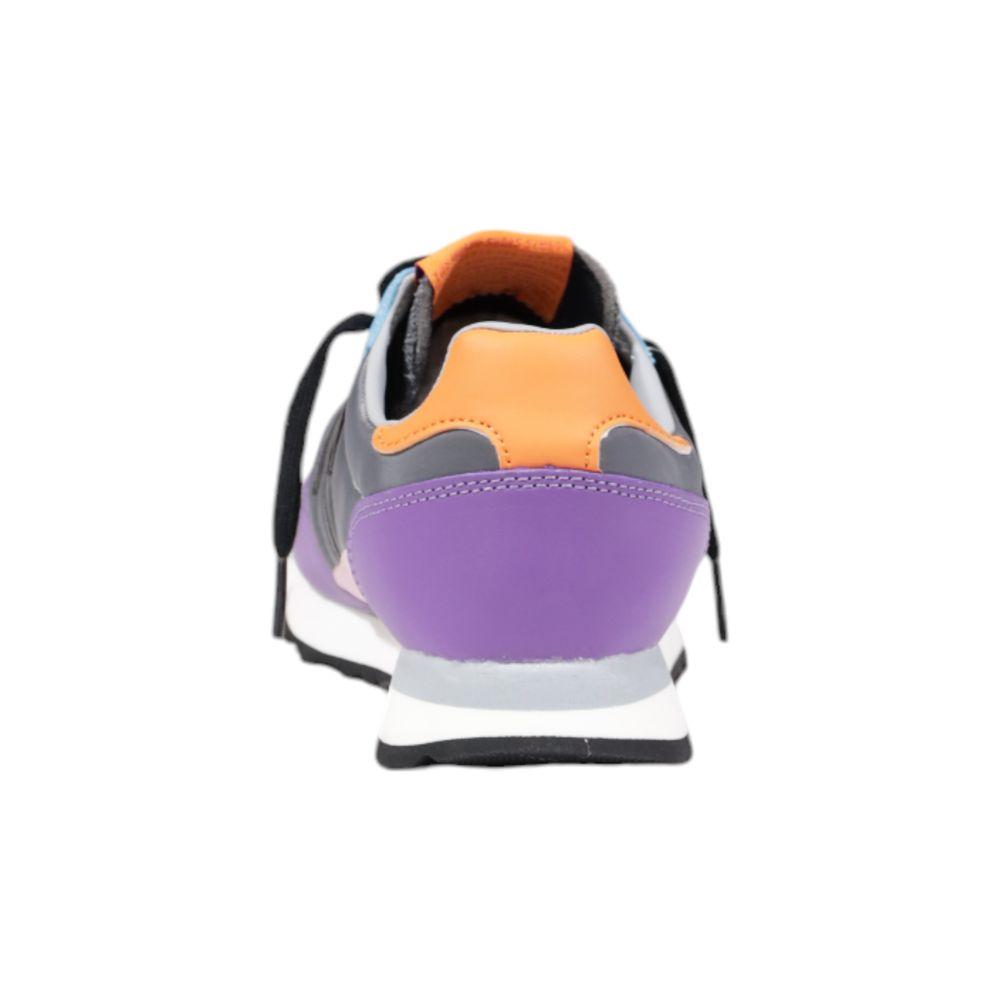 Back view of Wushu purple suede leather sneaker with colorful accents and rubber sole featuring a stylish design.
