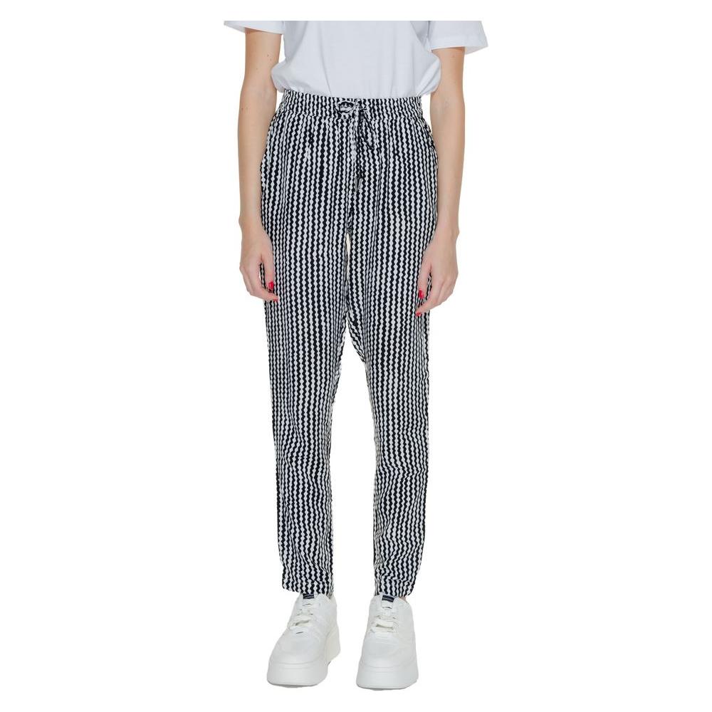 Women's black and white viscose drawstring pants, spring/summer collection, regular fit, casual style.