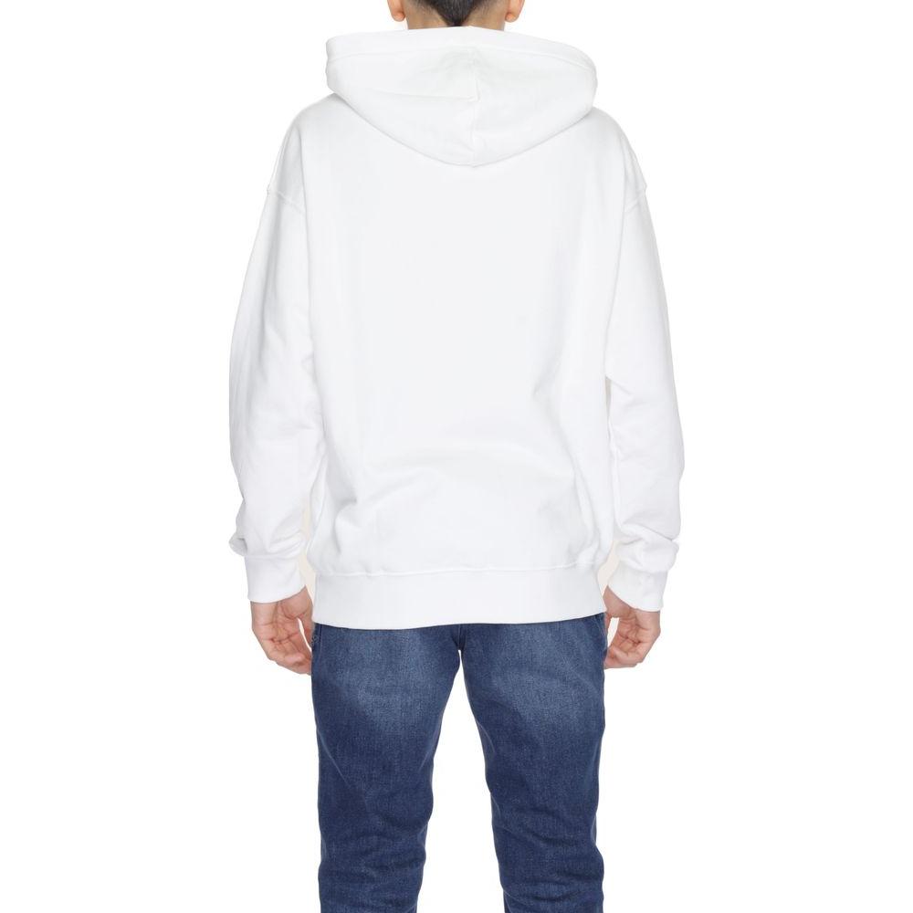 Back view of a man wearing an Underclub white cotton hooded sweatshirt, part of the Spring/Summer collection.