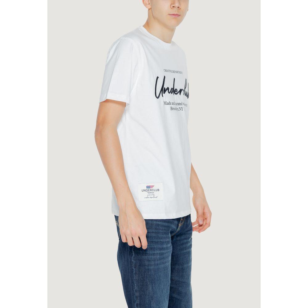 Man wearing Underclub white cotton T-shirt from spring/summer collection, showcasing casual style and 100% cotton composition.