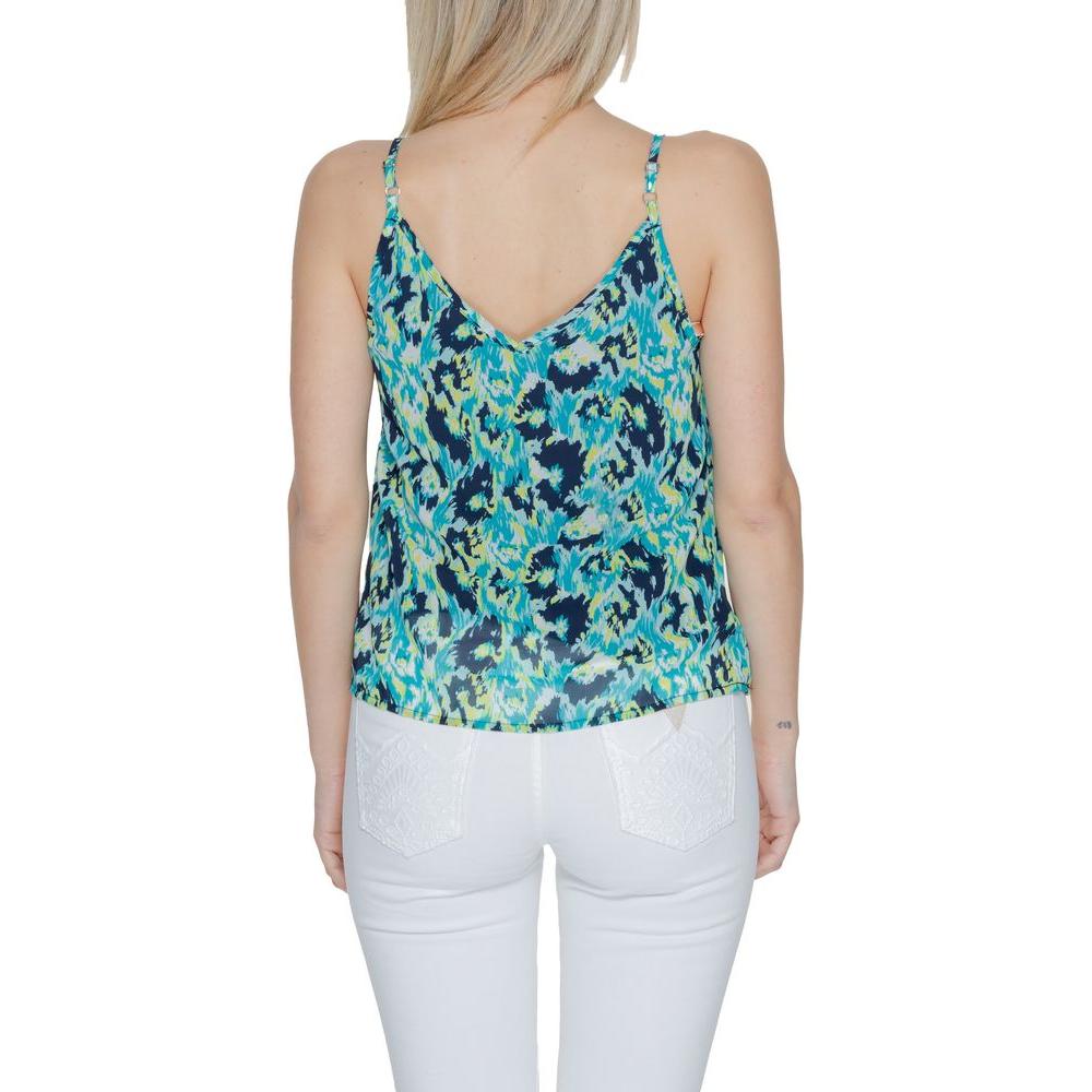 Back view of woman wearing Morgan De Toi turquoise tank top, spring/summer collection, 100% polyester, showing pattern detail.