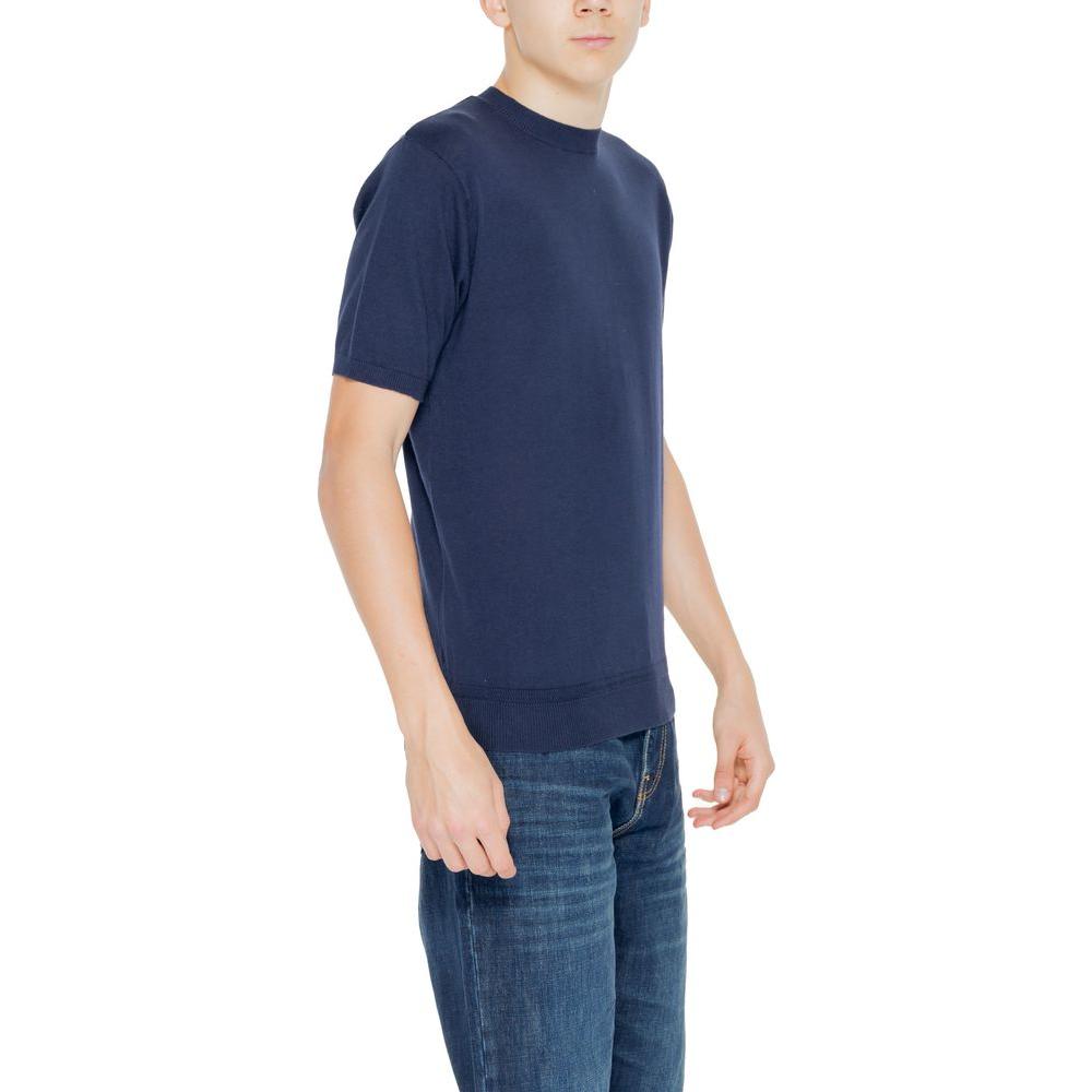 Hamaki-Ho blue cotton men's short sleeve yarn sweater, perfect for spring and summer collection, featuring a comfortable fit.