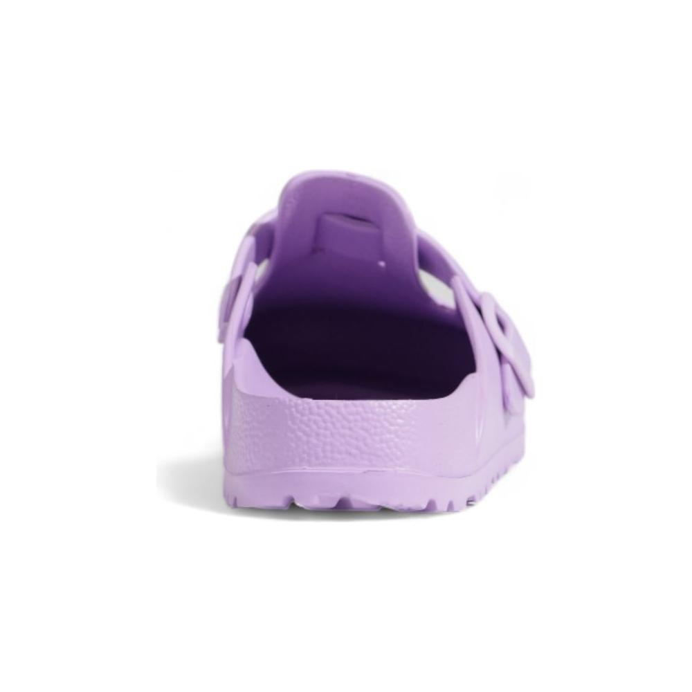 Women's Birkenstock purple EVA foam sandal for fall/winter collection, viewed from the back, highlighting durable sole and design.