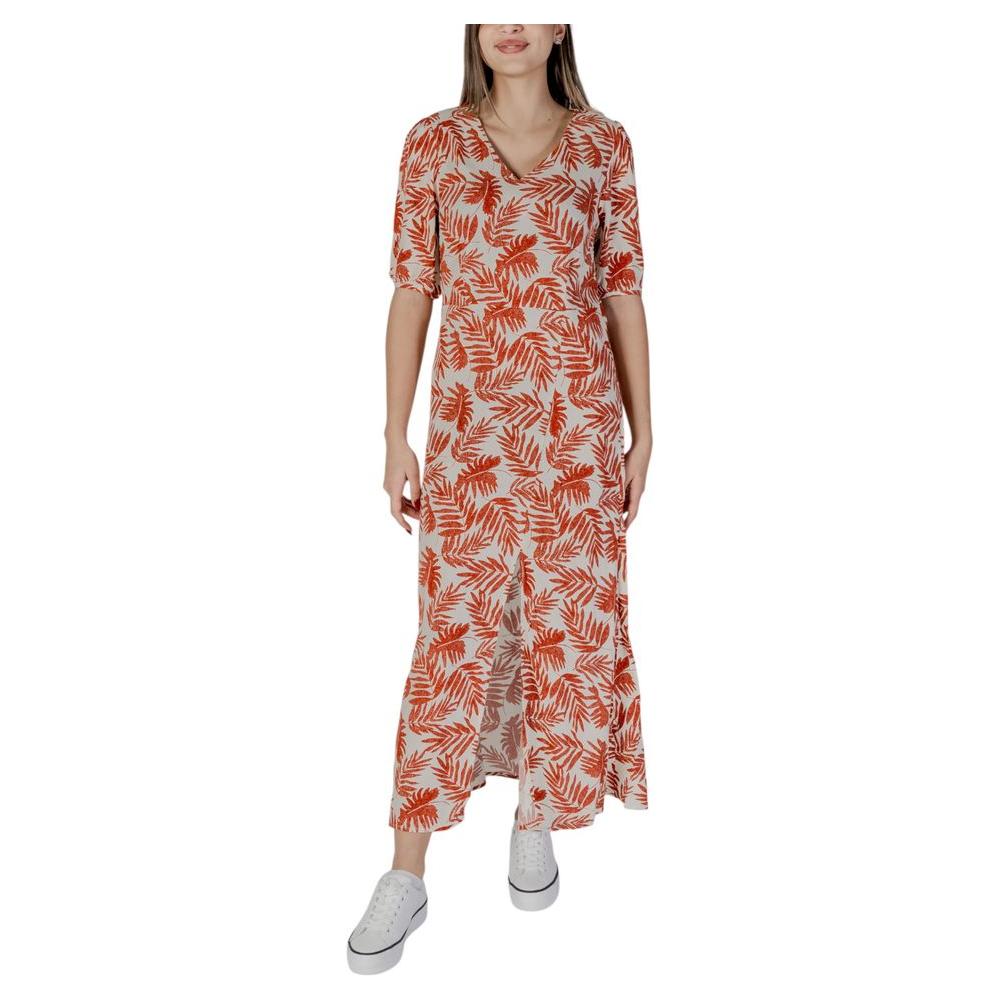 B.Young red viscose dress for women, featuring a spring/summer design with a vibrant pattern, made from 100% viscose.