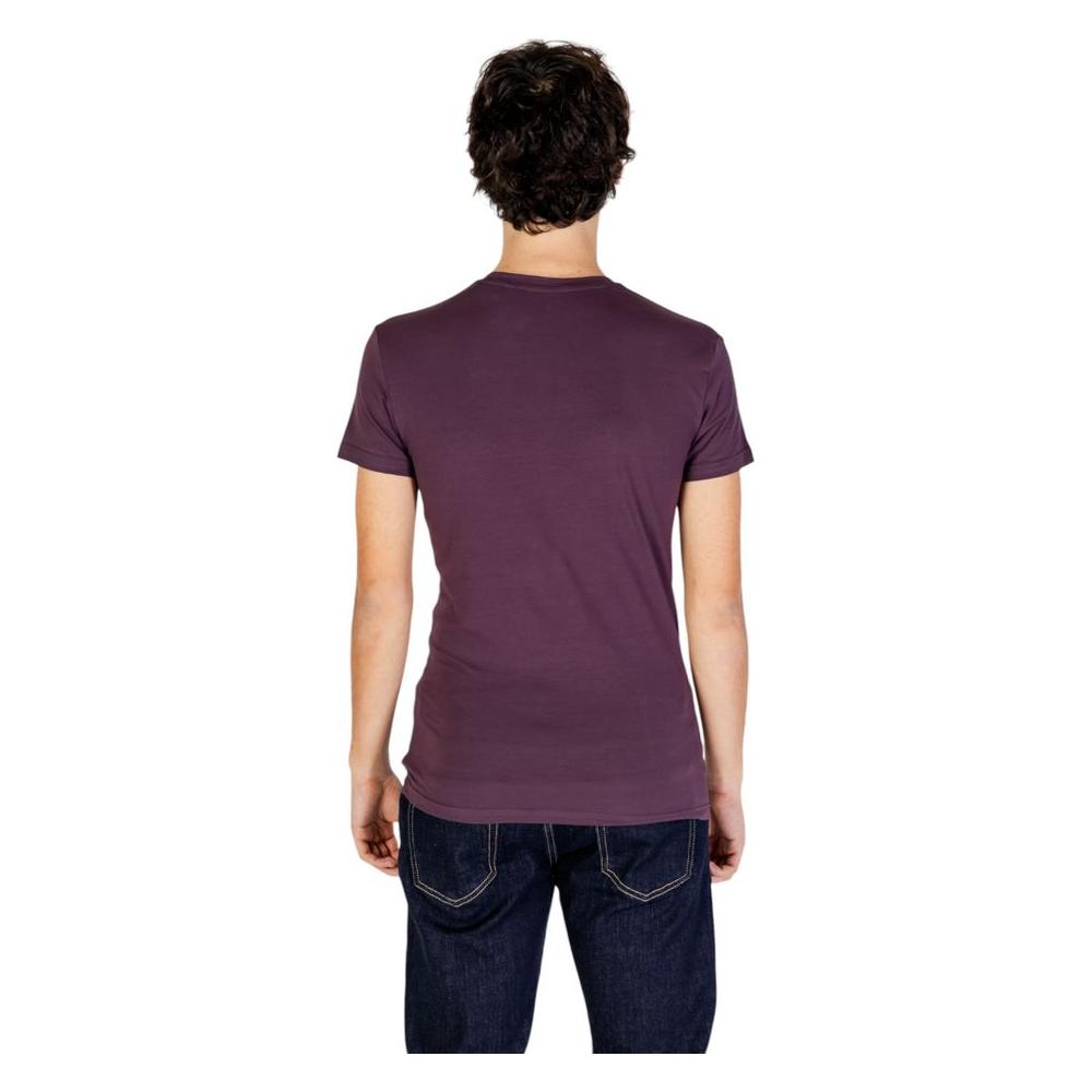 Back view of Emporio Armani Underwear purple cotton t-shirt for men, showcasing crew neck design and comfortable fit with jeans.