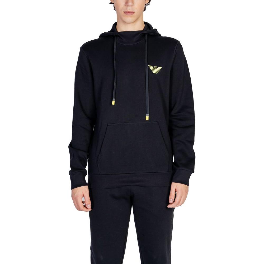 Emporio Armani Underwear black cotton sweater hoodie with logo, showing front view on a model wearing matching pants.