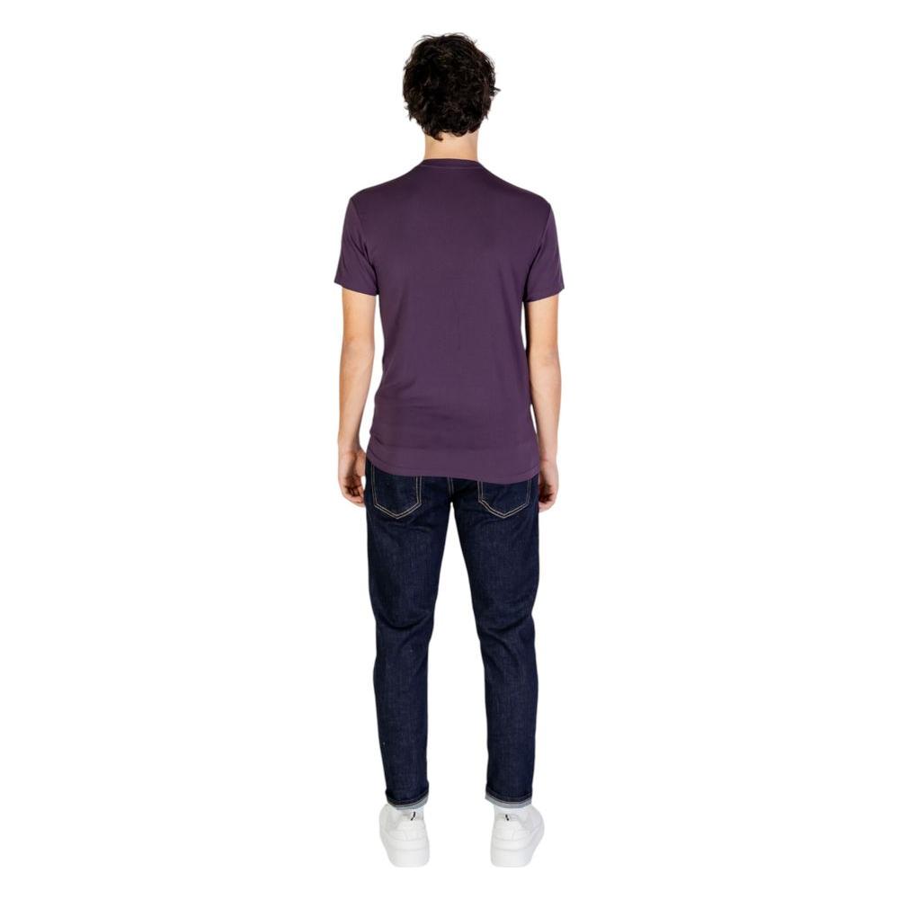 Back view of model wearing Emporio Armani Underwear purple modal t-shirt with jeans, showcasing the minimalistic design and fit.