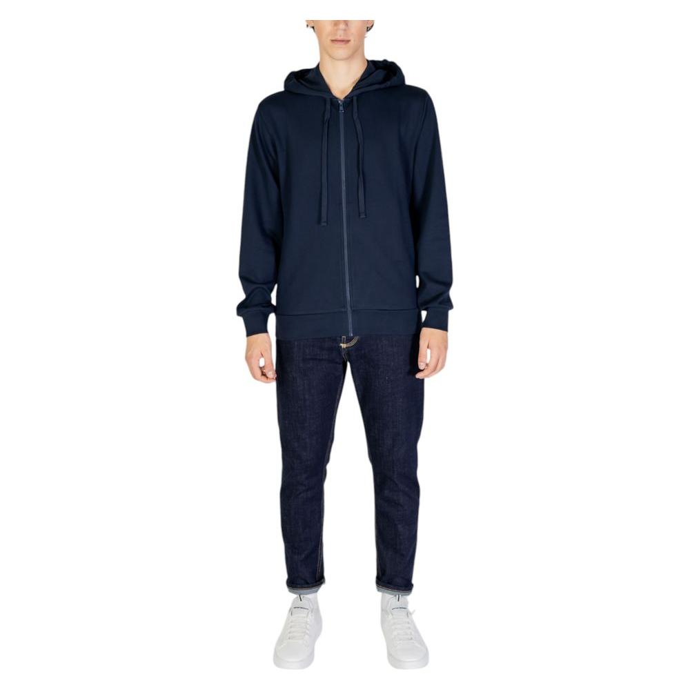 Man wearing Emporio Armani blue hoodie with zip closure, a blend of polyester, cotton, and elastane for comfort and style.