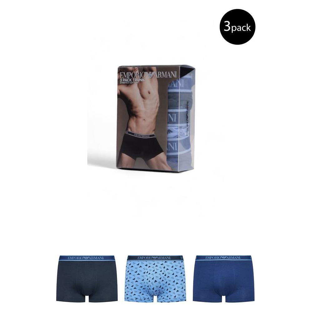 Emporio Armani 3-pack blue cotton men's underwear trunks displaying comfort, style, and elasticity for everyday wear.