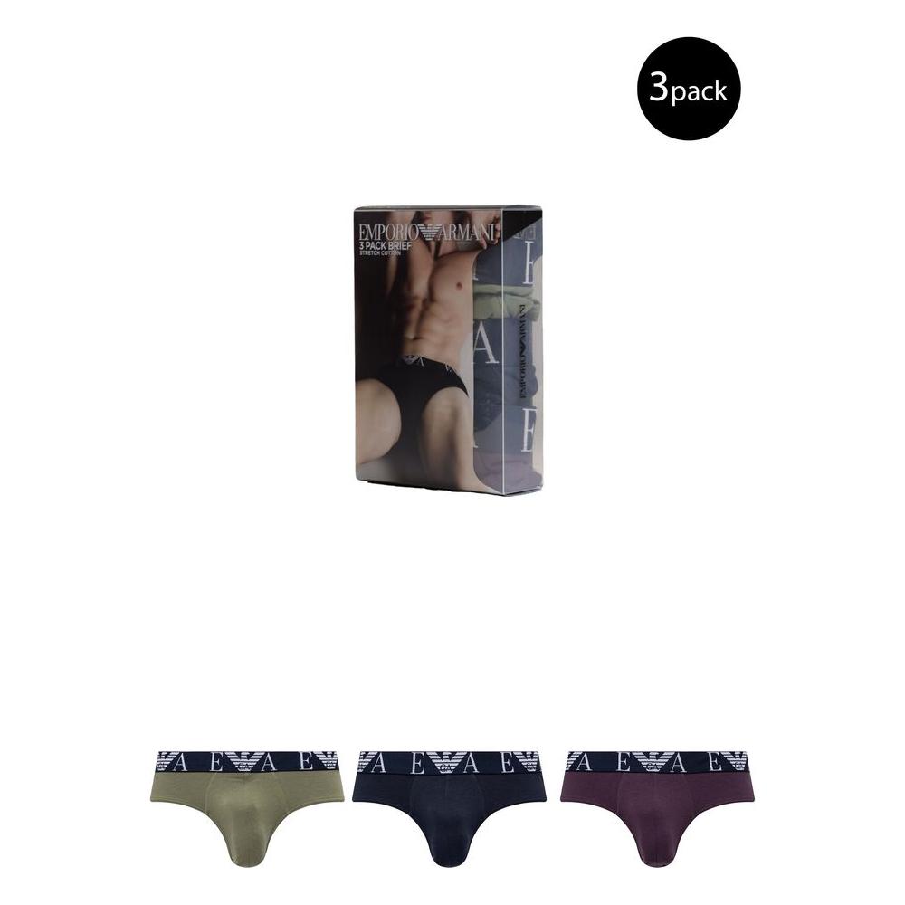 Emporio Armani 3-pack men's briefs in blue, olive, and purple with logo waistband, 100% cotton, showcasing stylish packaging.