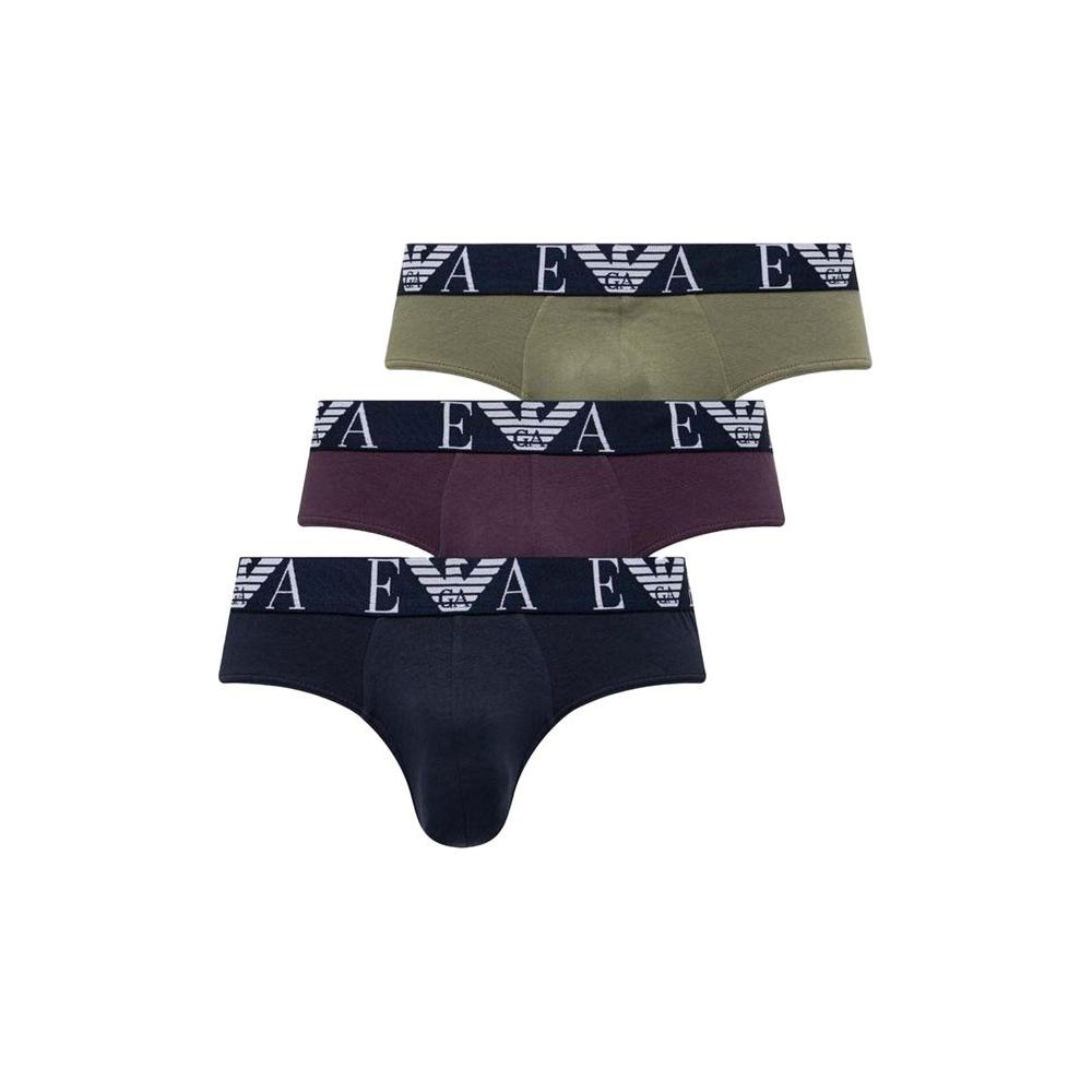 Emporio Armani men's underwear set in olive, burgundy, and black with logo waistband, 3-pack briefs made from 100% cotton for comfort.