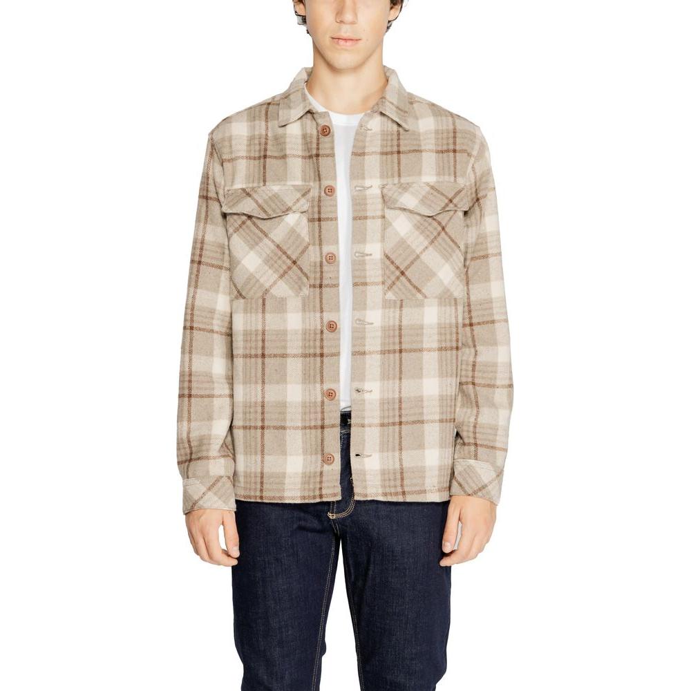 Men's Fall/Winter beige plaid shirt by Hamaki-Ho, 100% polyester, front view