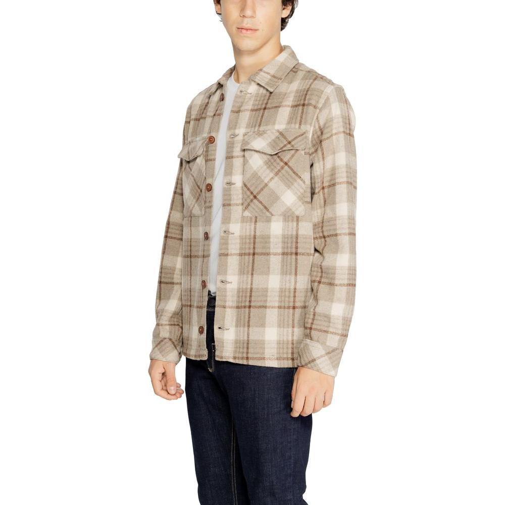 Hamaki-Ho beige polyester shirt for men, fall/winter collection, featuring a plaid pattern and button-up front.