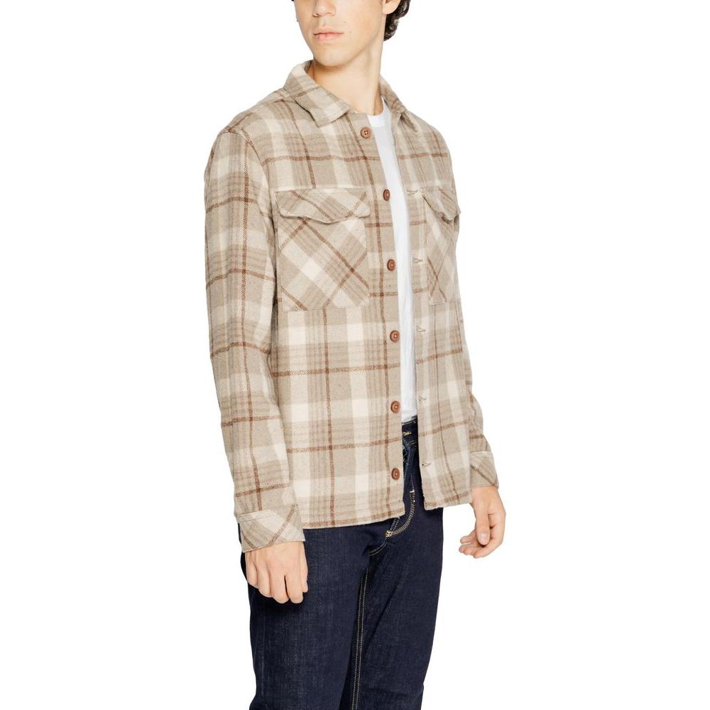 Hamaki-Ho beige plaid polyester shirt for men, perfect for fall and winter collection, showcasing soft texture and button-down style.