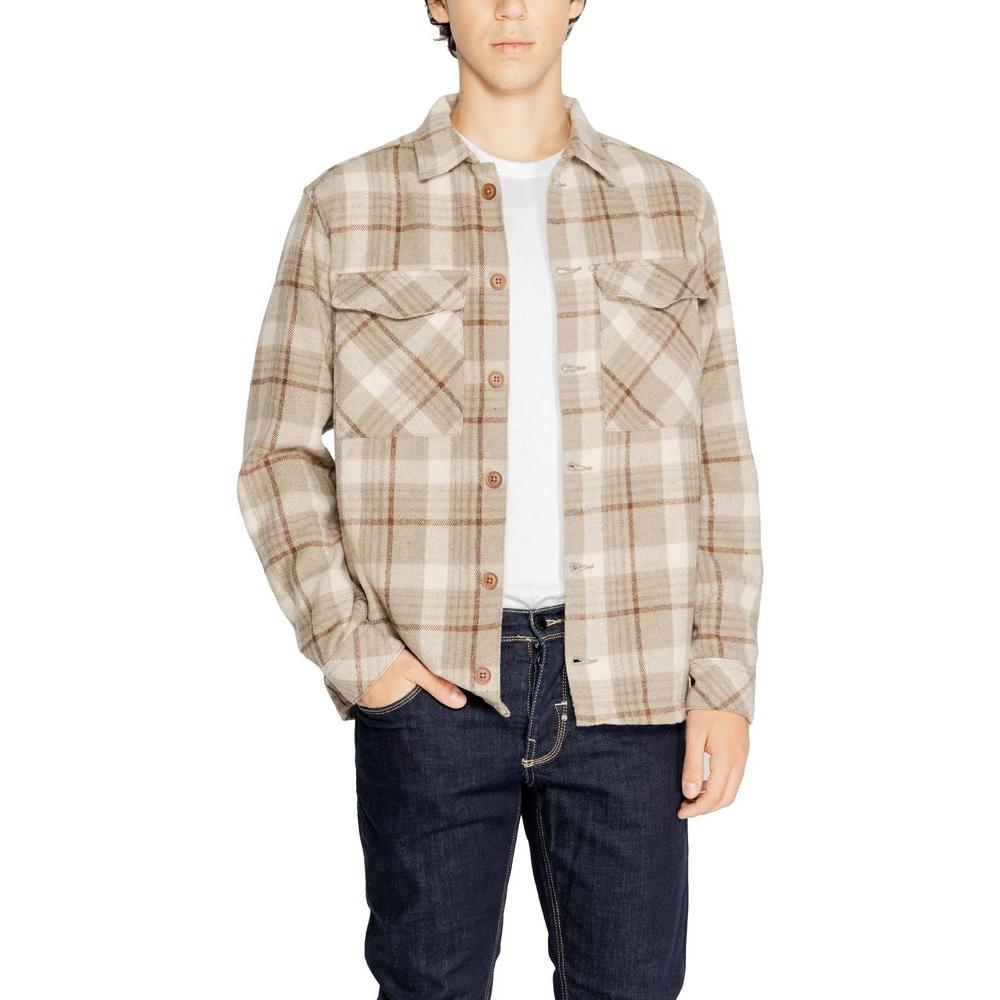 Men's Hamaki-Ho beige plaid polyester shirt, fall/winter collection, front view worn with dark jeans.