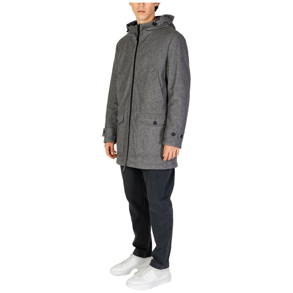 Men's Hamaki-Ho gray polyester jacket from fall/winter collection, featuring long sleeves and a hood, ideal for stylish cold weather wear.