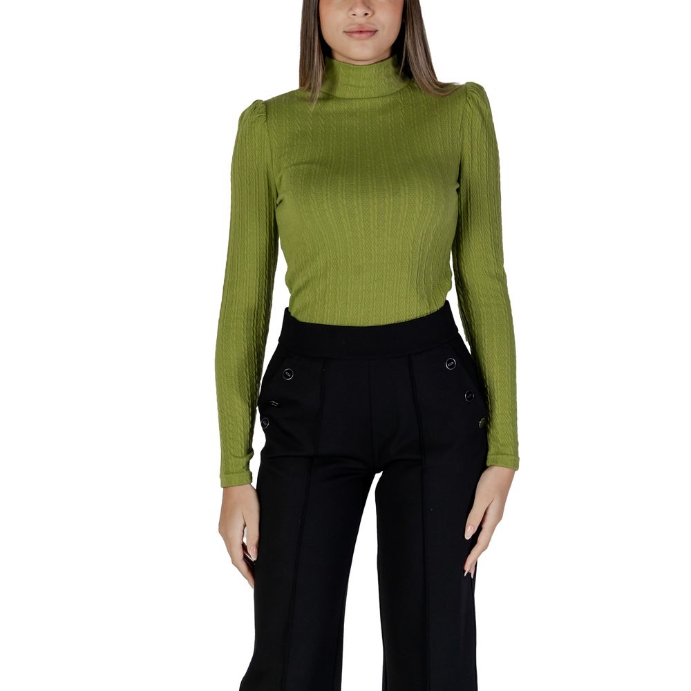 B.Young Green Polyester Long Sleeve T-Shirt with high neck, ribbed texture, and structured shoulders, enhancing a modern silhouette.