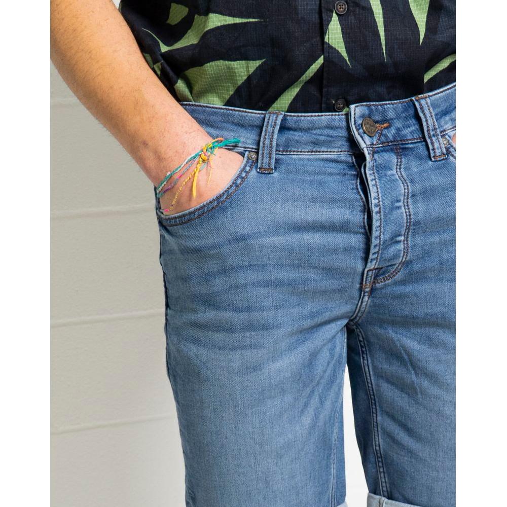 Men wearing Only & Sons blue cotton shorts, featuring a blend of cotton, polyester, and elastic for comfort and flexibility.