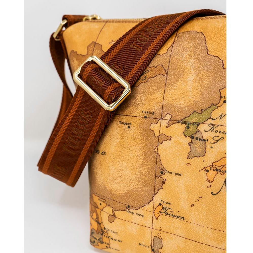 Close-up of Alviero Martini Prima Classe beige handbag with map design, featuring eco-leather and adjustable strap buckle.