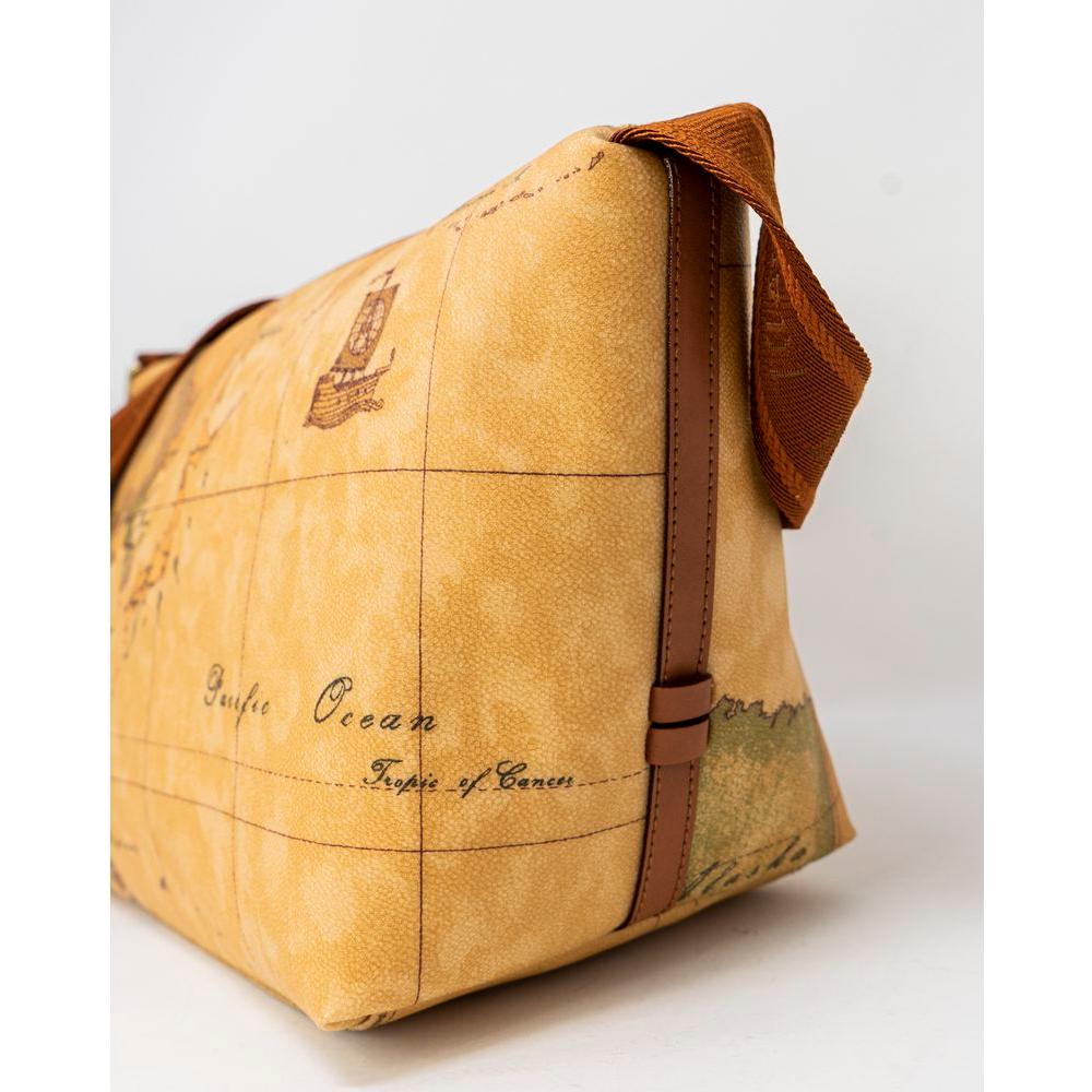 Alviero Martini Prima Classe beige handbag in eco-leather with a world map print, featuring brown straps. Ideal for autumn/winter fashion.